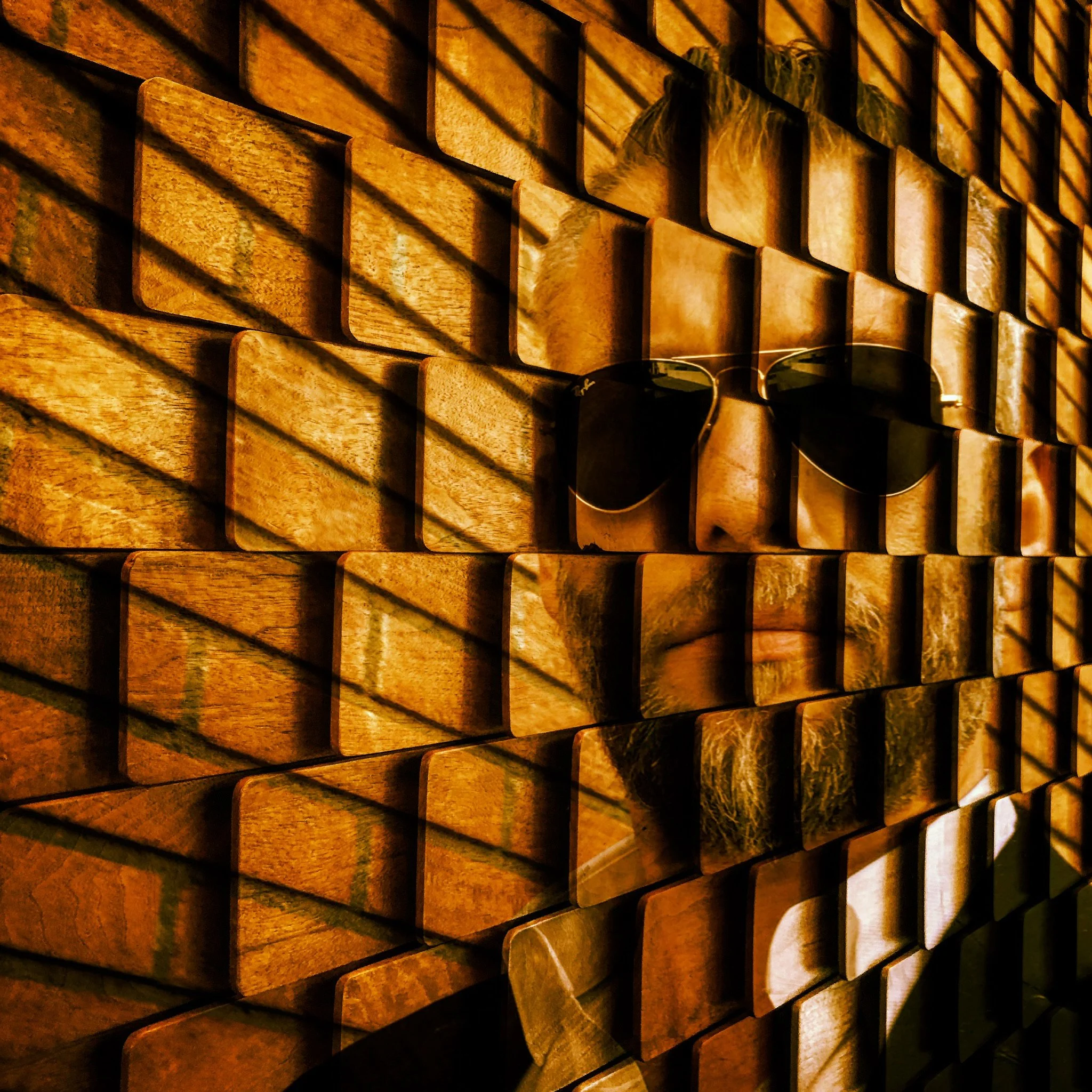 Phil Missig with an artistic layering of 2 photos. Close-up of a wooden wall with staggered rectangular blocks, with a person's face partially visible behind sunglasses, shadowed by a pattern of diagonal lines.
