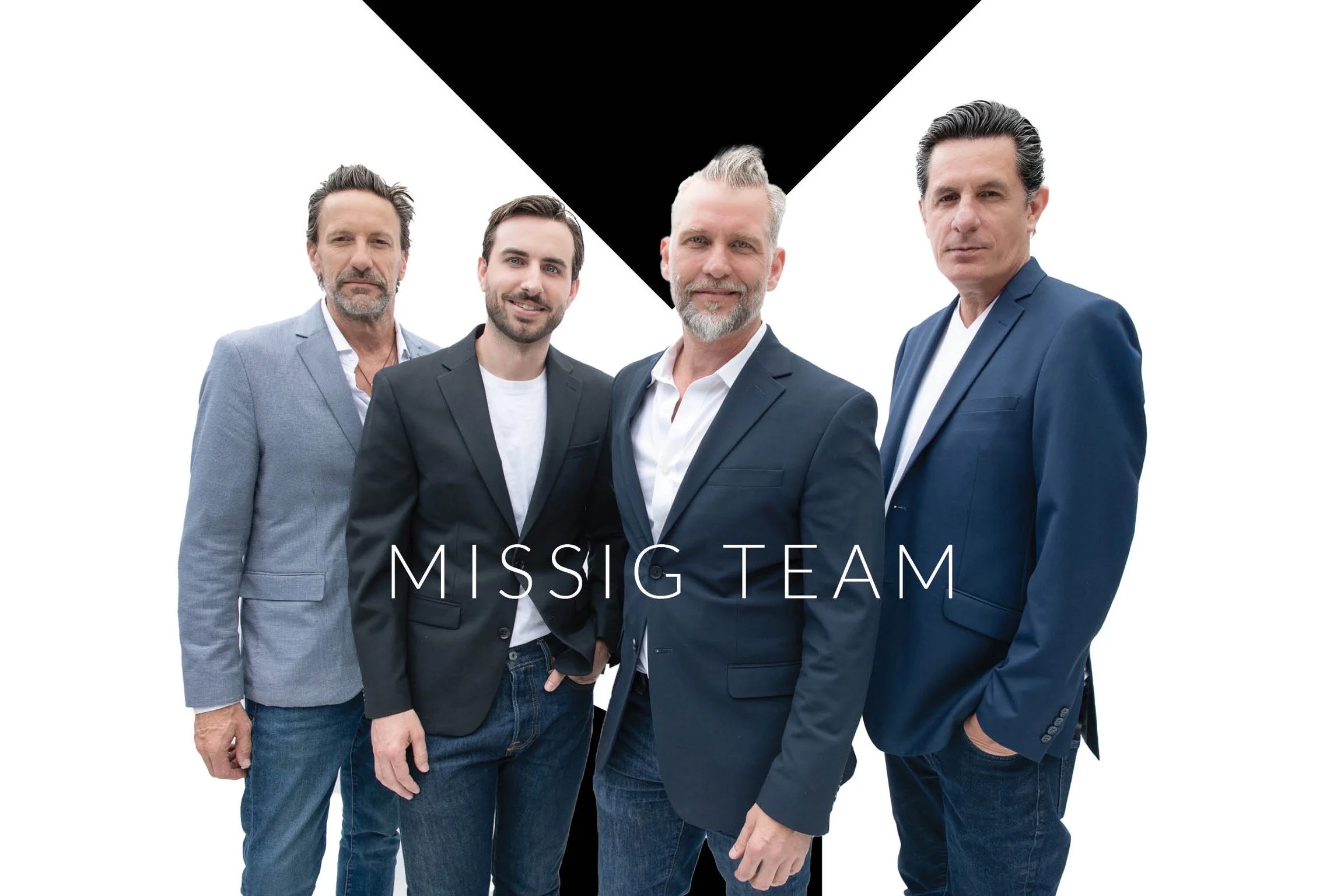 Group photo of four men realtor in suits, standing against a white background with a black triangle at the top. The words "MISIG TEAM" are overlaid on the image.