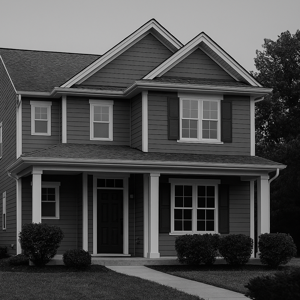 A two-story house with gray siding, black shutters, a front porch, and a well-kept lawn.