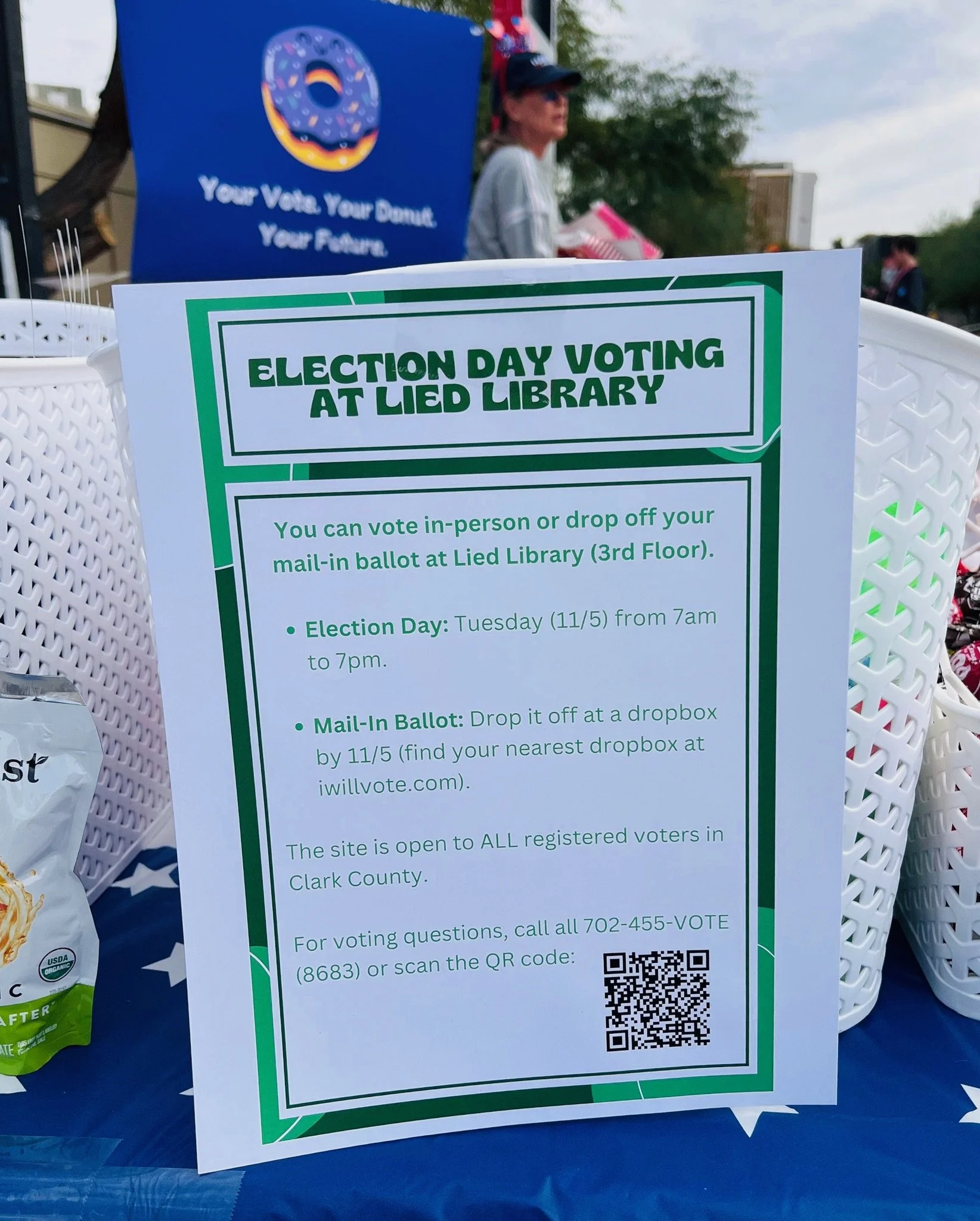 Election Day voting info at Donuts and Democracy table.