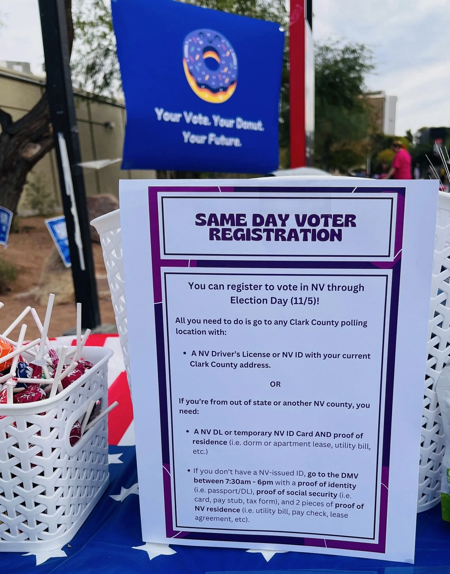 Same Day Voter Registration information at Donuts and Democracy table.