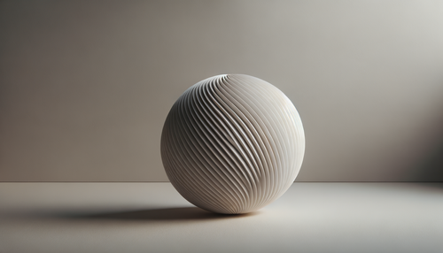 A white, textured spherical decorative object with spiral ridges, placed on a flat surface against a plain background.