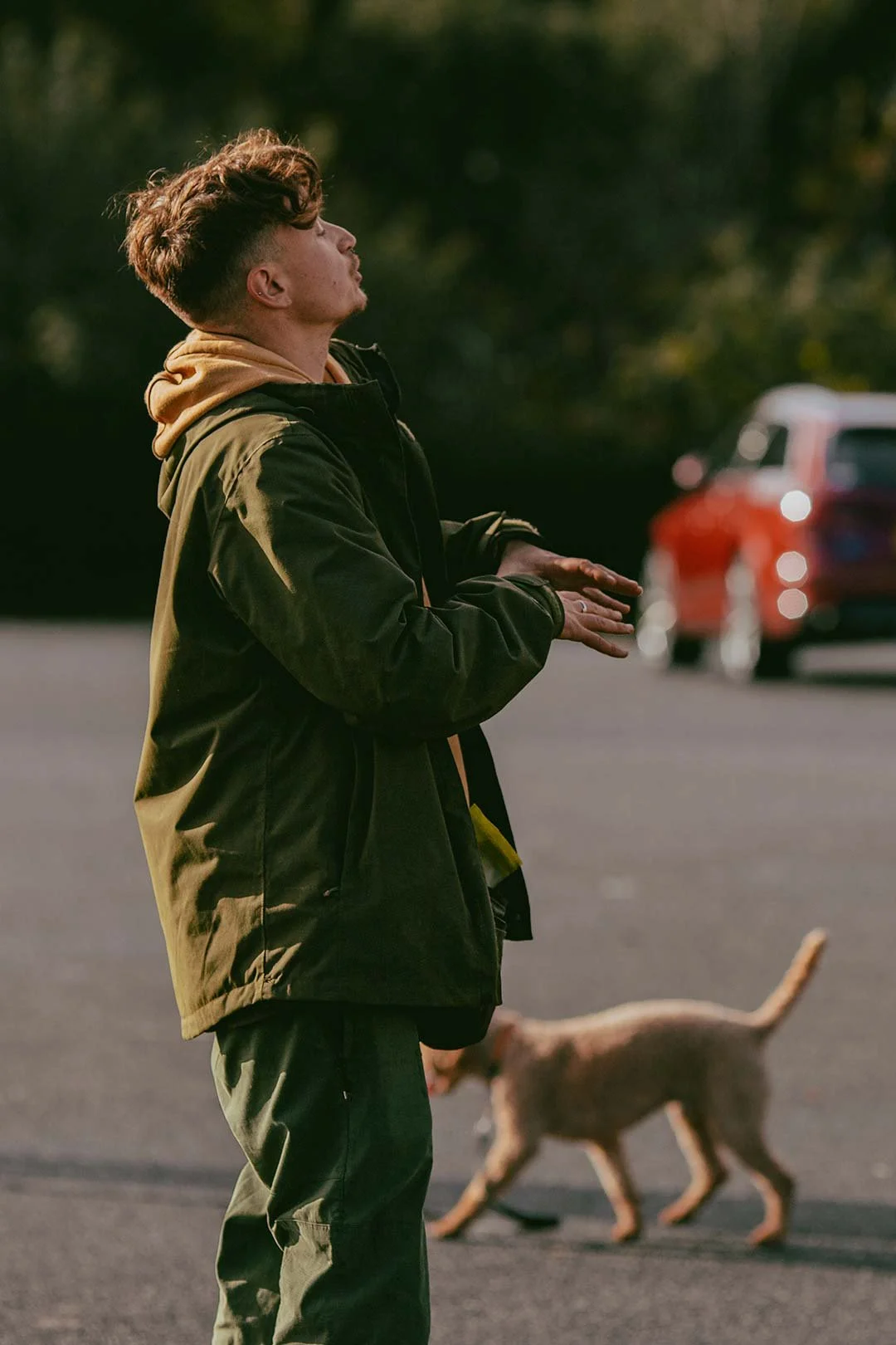 A young man with a short hairstyle wearing a green jacket and yellow hoodie standing outdoors, with a blurred car and a tan dog in the background.