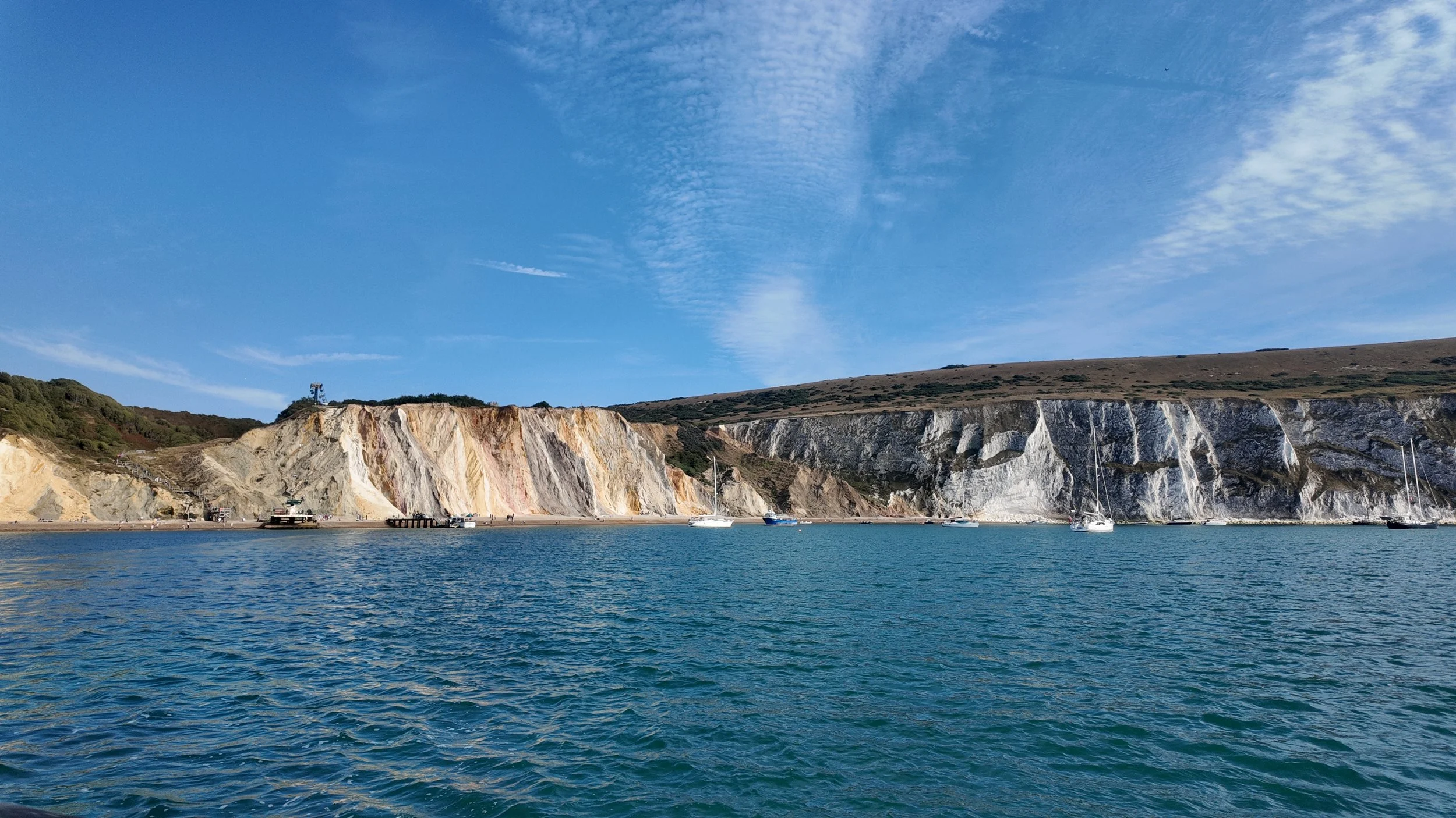Cliffs along a coastline with sailboats on the water under a partly cloudy sky.