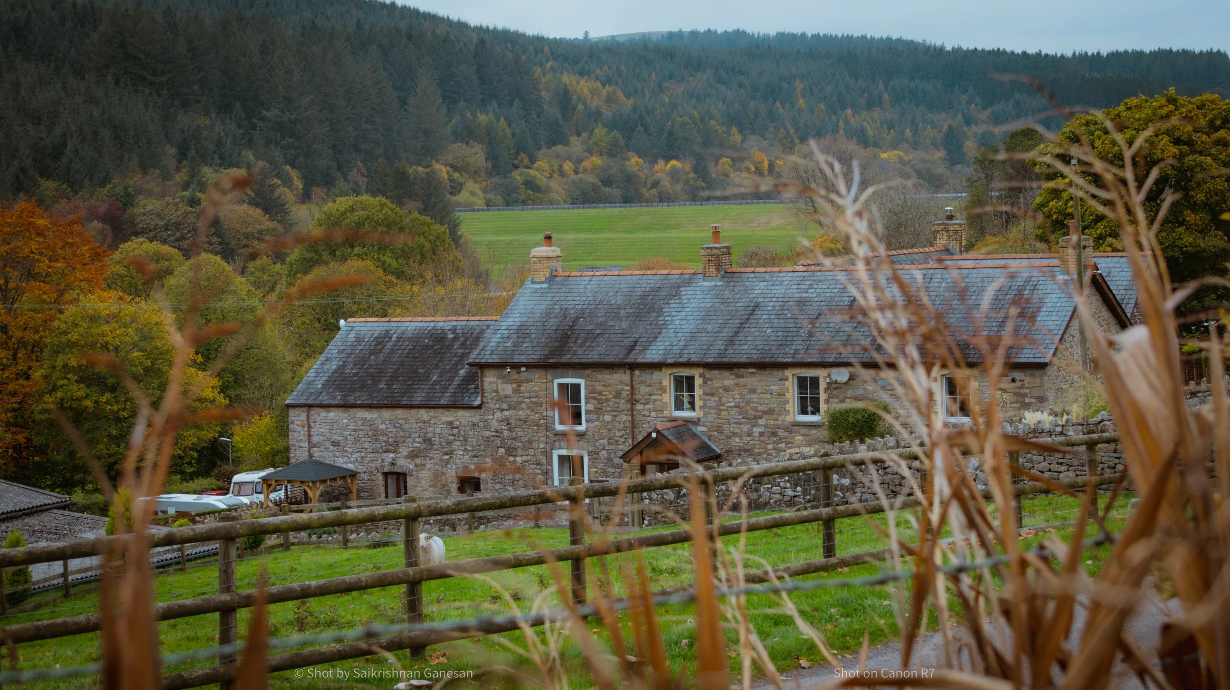A stone house with a slate roof in a rural landscape, surrounded by trees with autumn foliage, a grassy yard fenced with wood, and forested hills in the background.