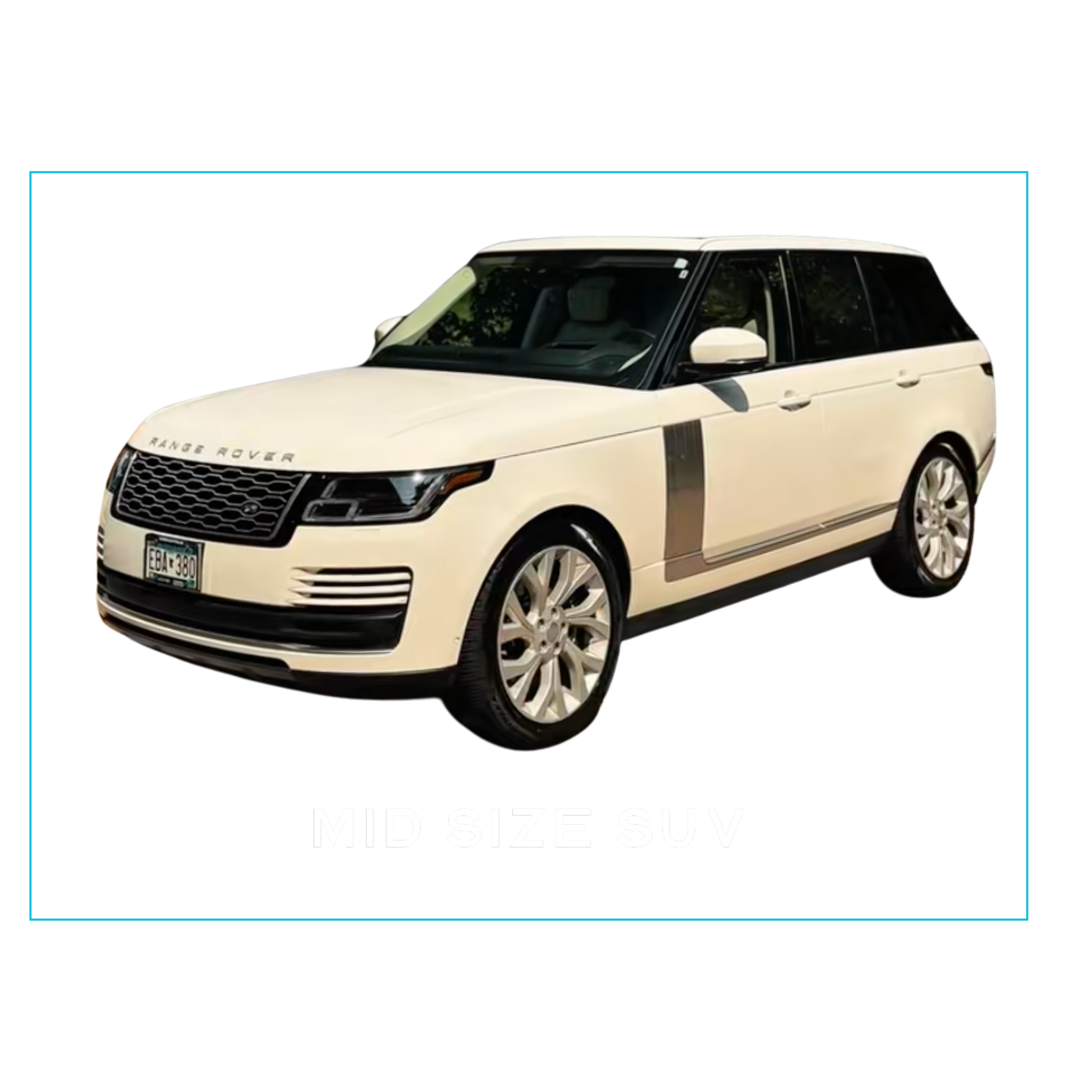 White Range Rover mid-size SUV photographed against a black background with the text 'MID SIZE SUV' at the bottom.