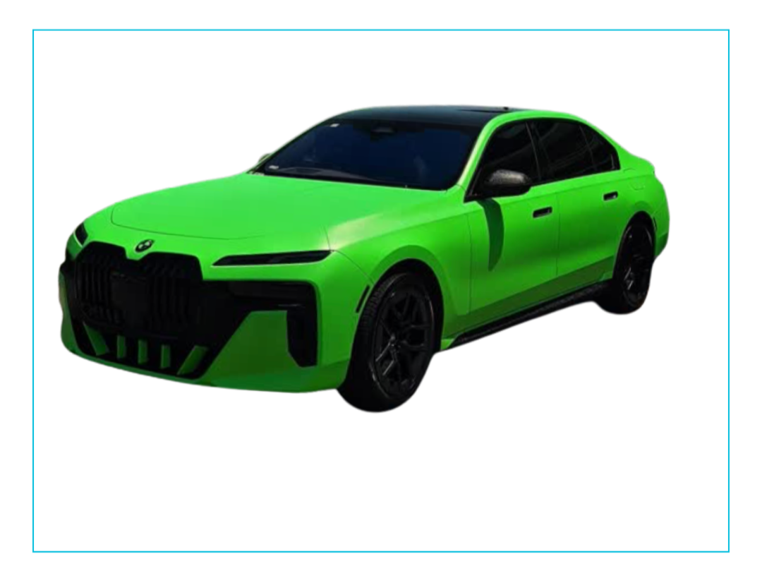 A bright green luxury sedan car with black wheels, tinted windows, and a sleek design.