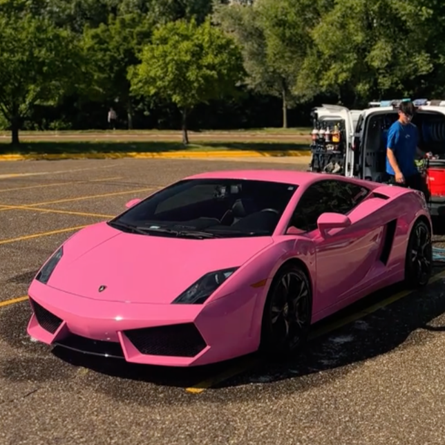 Pink Lamborghini sports car parked in a lot with trees in the background and a person in a blue shirt near a utility vehicle.