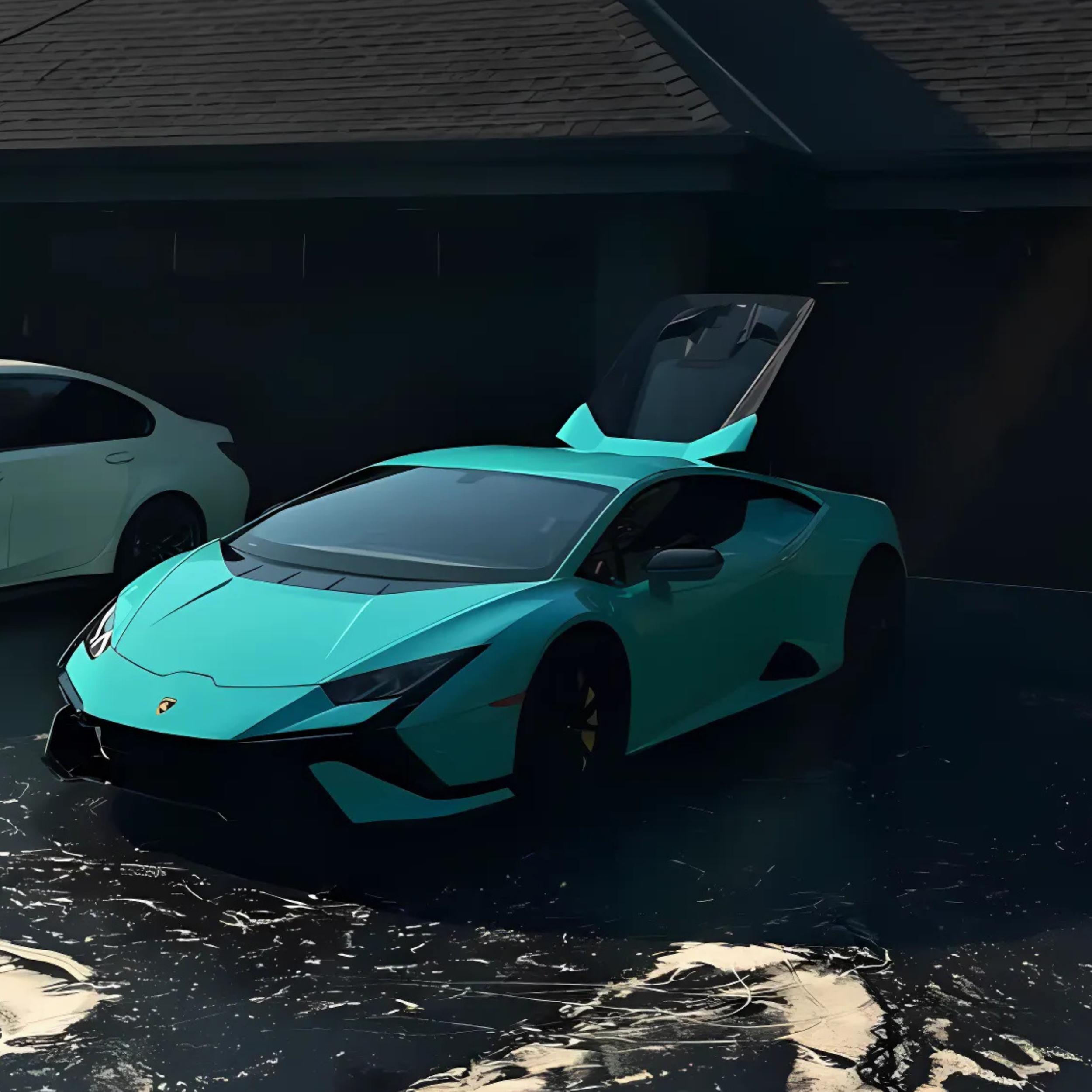 A teal Lamborghini sports car with its butterfly door open, parked on a shiny surface next to a white car in a garage or auto showroom.