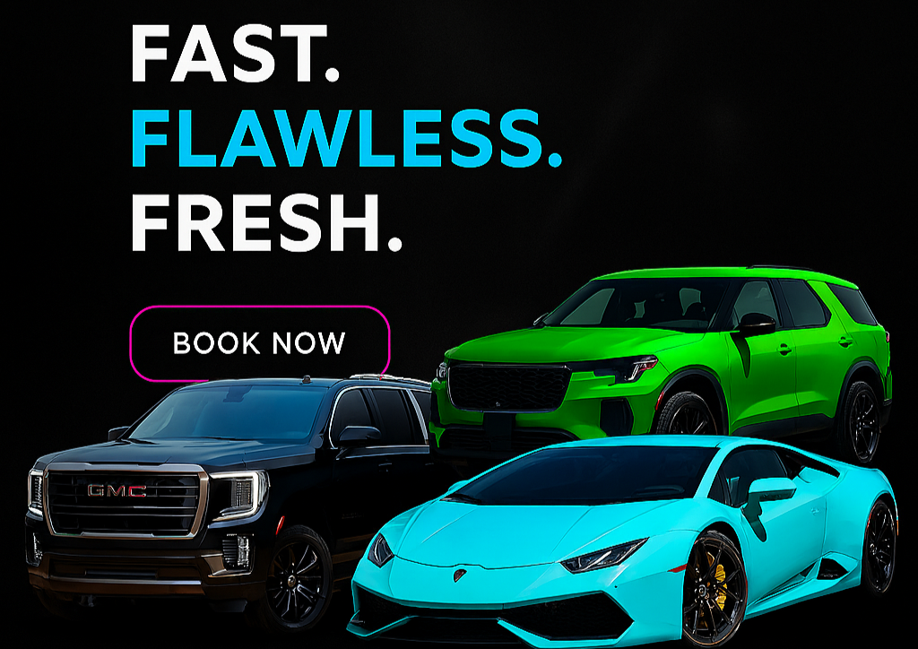 Advertisement with three cars: a black GMC SUV, a green SUV, and a blue Lamborghini sports car with the text "Fast. Flawless. Fresh." and a "Book Now" button.