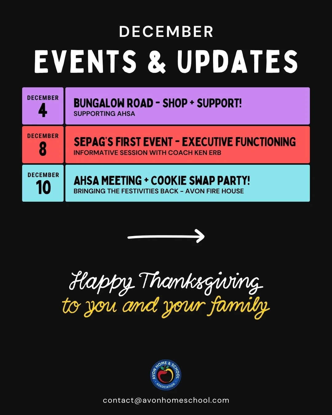 Hope you all had a great Thanksgiving &mdash; we&rsquo;re so thankful for all of you!! Here&rsquo;s a quick look at what&rsquo;s coming up. Enjoy the long weekend!

&bull; Bungalow Road Shopping &ndash; Dec 4
Shop for the holidays and Bungalow Road w