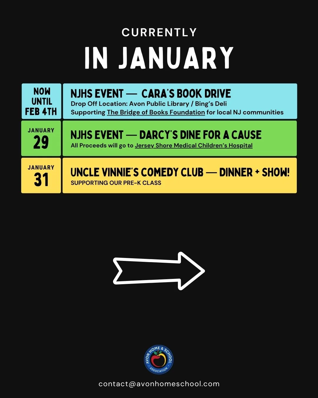 Here&rsquo;s what&rsquo;s happening this January! 💛
Swipe through to mark your calendars for @darcystavern and @unclevinniescomedyclub, and help support some truly meaningful causes in our community like @bridgeofbooksfoundation. 

Pass on the suppo
