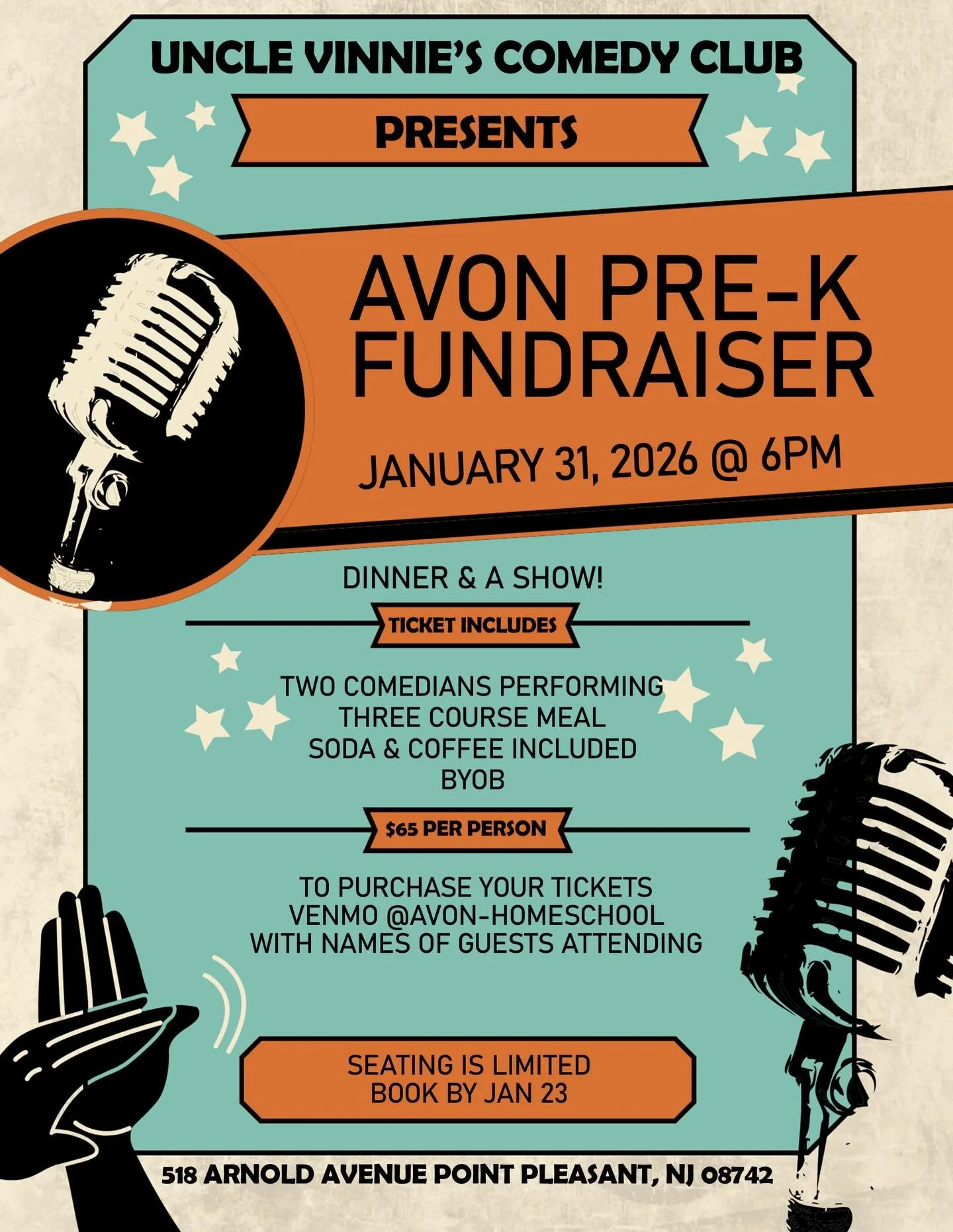 We could all use some laughter! 🎤🎭
Grab your tickets to Uncle Vinnie&rsquo;s Comedy Club and enjoy a great night out&mdash;all while supporting our amazing Pre-K class!