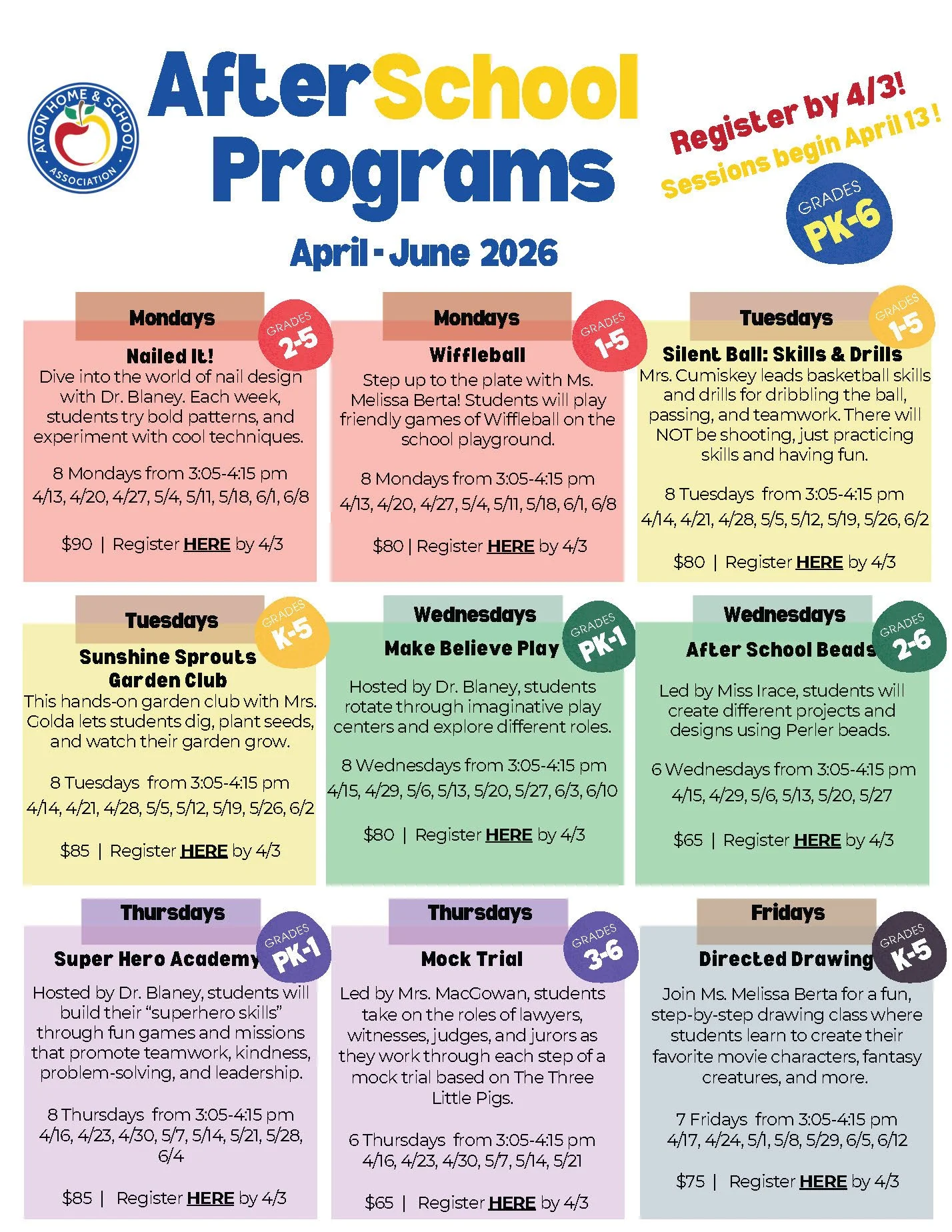 Our next round of AHSA Afterschool Programs is coming up after Spring Break and we have a fun lineup of activities for all kinds of interests! 🎉

From nail art and directed drawing to Wiffleball, garden club, basketball skills, beads, make believe p