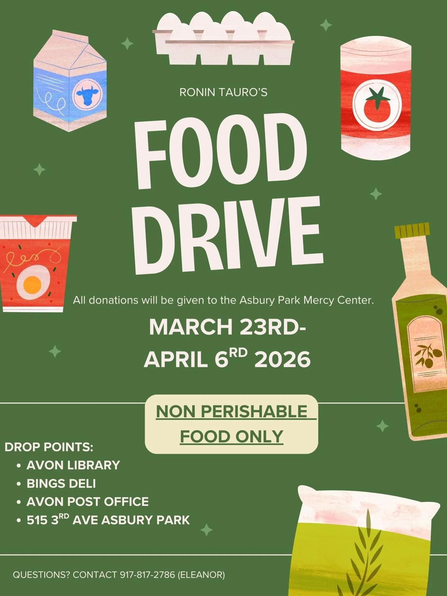Ronin Tauro is organizing a food drive to support the Asbury Park Mercy Center, and we&rsquo;d love your help!

The drive will run from March 23rd through April 6th, and all donations will go directly to families in need within our local community.

