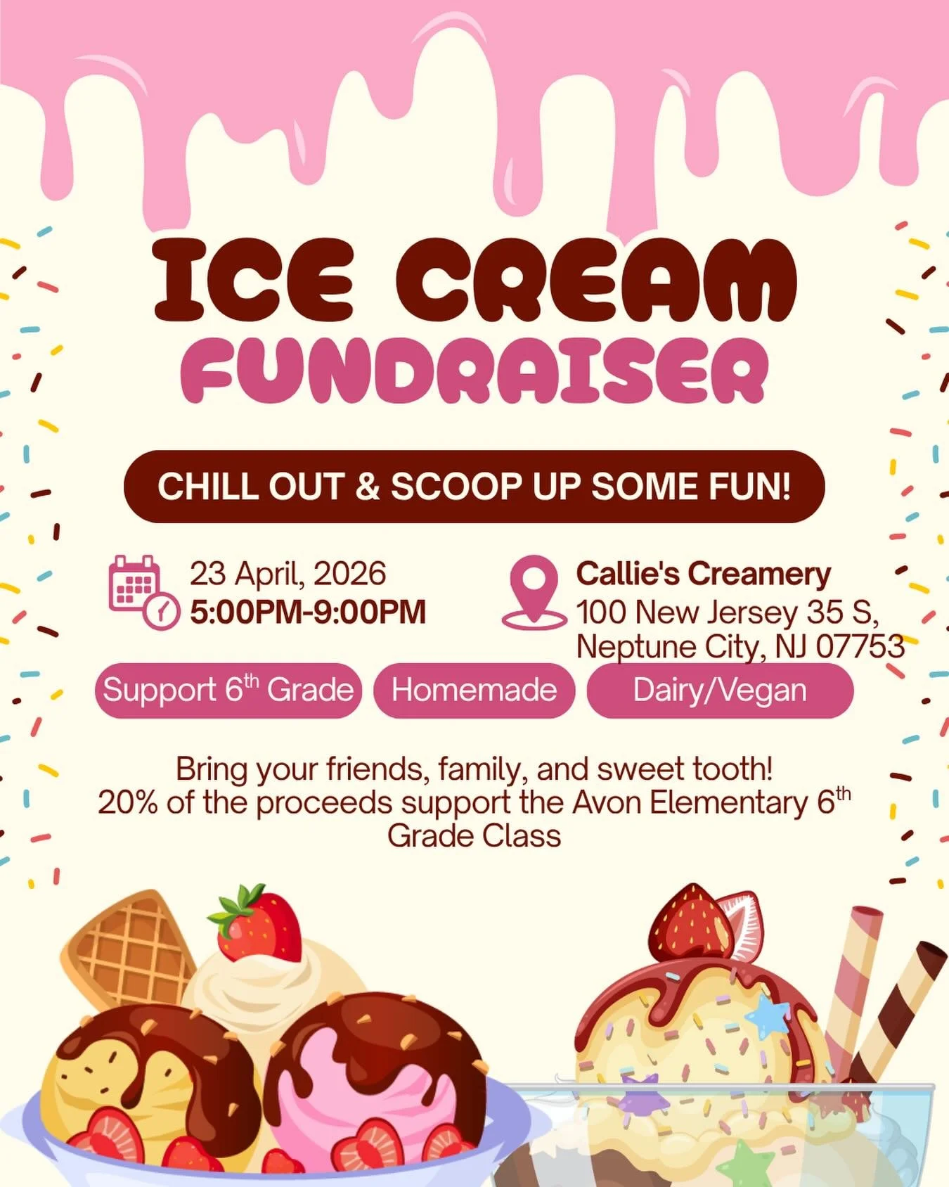 Scoop, there it is 🍦

Join us April 23rd from 5&ndash;9pm for a sweet night out&mdash;all to support our 6th grade class.