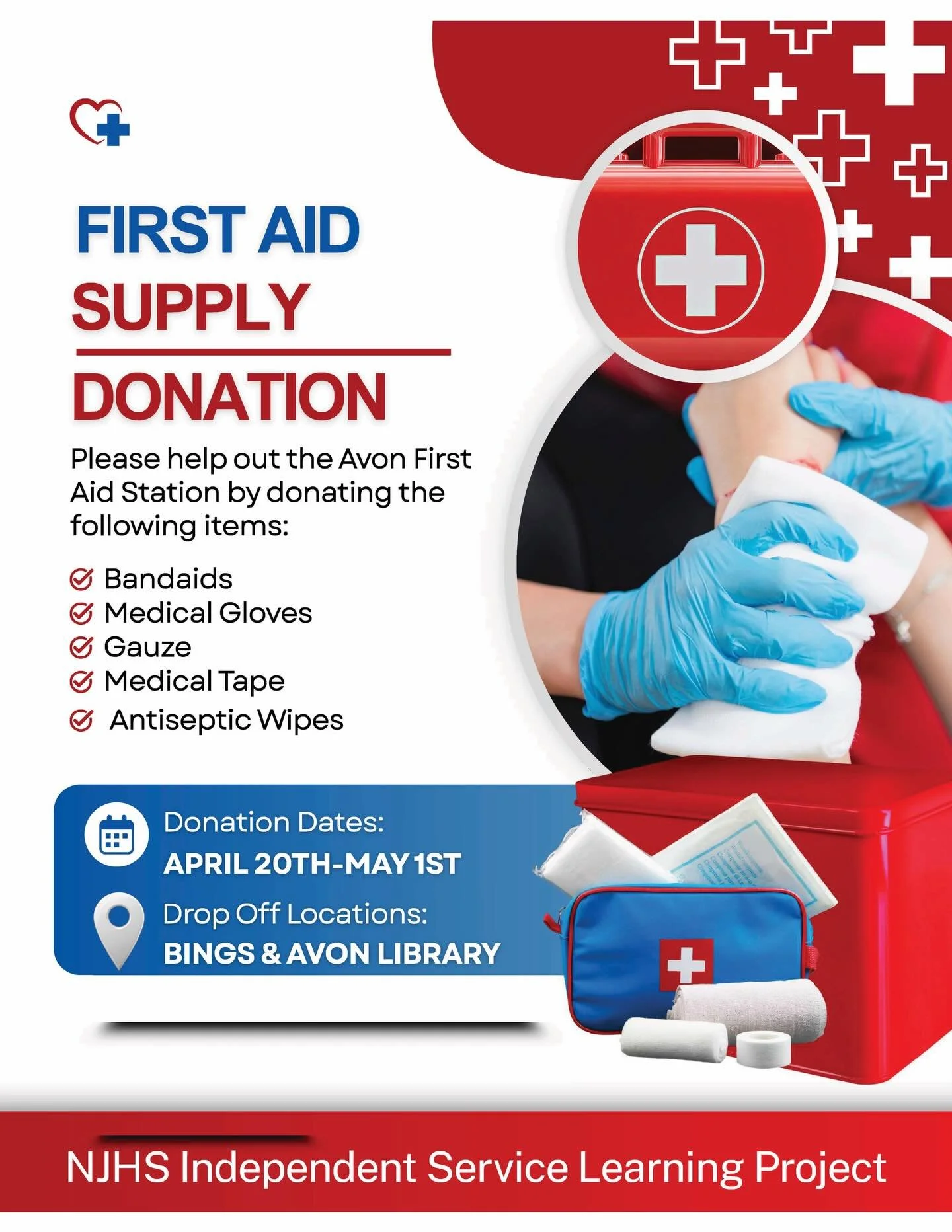 🚨Help stock the Avon First Aid Station!🚨 Drop off bandaids, medical gloves, gauze, medical tape, or antiseptic wipes at Bings or the Avon Library now through May 1st. Every donation makes a difference!