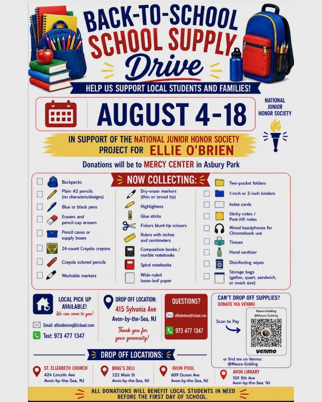 School Supply Drive 🎒✏️ Help local students start school ready to learn! Donate new school supplies August 4-18 to benefit Mercy Center. See flyer for details! 💙📚
