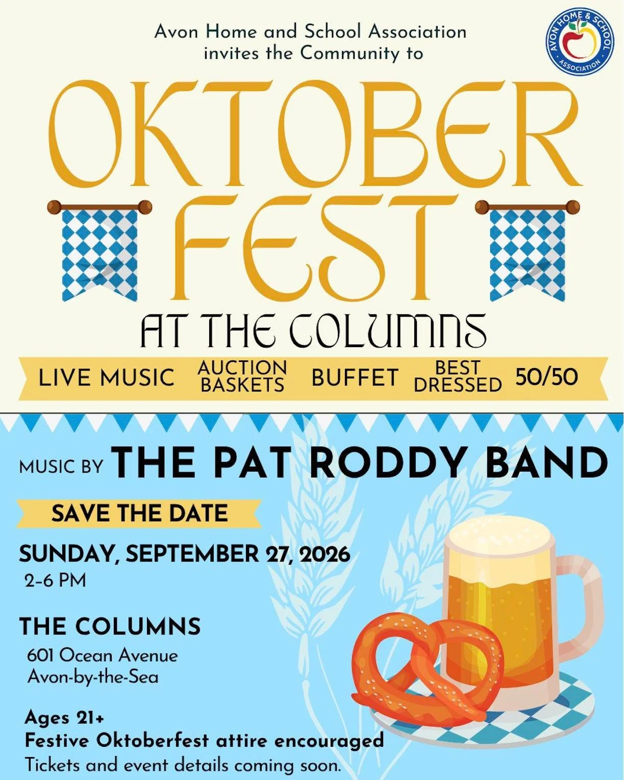 Save the Date! Oktoberfest Returns September 27! 🥨🎶

We're already getting excited for one of Avon Elementary's favorite traditions... OKTOBERFEST! 🍻🥨🎉

Join the Avon Home &amp; School Association for an afternoon of great food, live music, exci