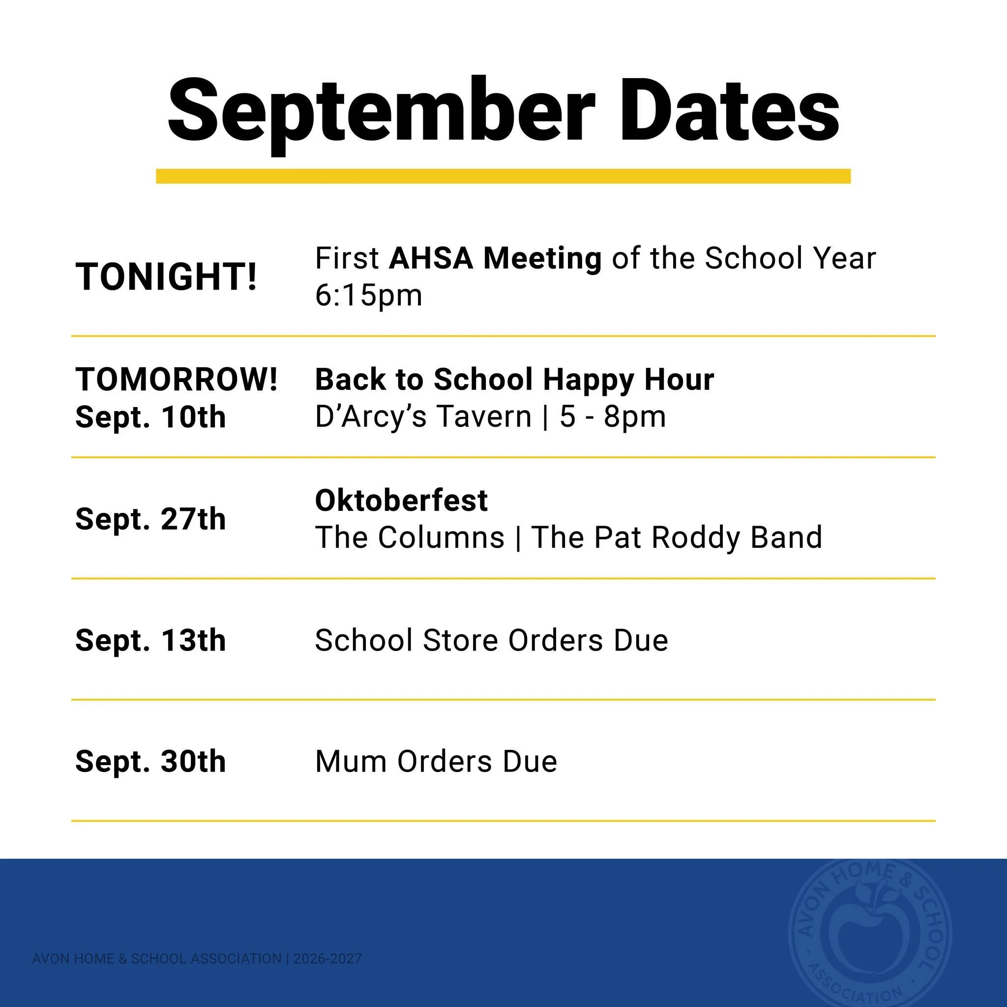 September Dates! 🐯 Tonight's our first AHSA meeting at 6:15pm, Back-to-School Happy Hour is tomorrow!

Don't forget &mdash; Oktoberfest tickets, gear orders, and mums are all coming up fast.