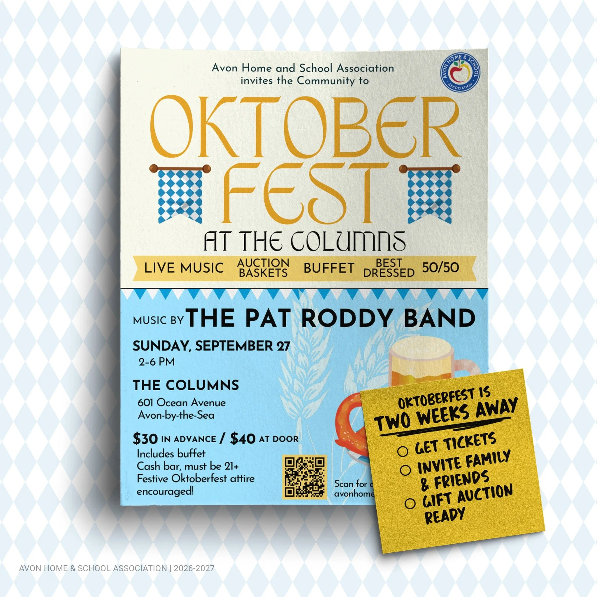 Prost, Avon! Oktoberfest is just two weeks out &mdash; get your tickets, round up the family, and get ready for live music from @patroddyband, buffet, auction baskets, and 50/50. $30 in advance, $40 at the door.. See you September 27 at @columnsnj !