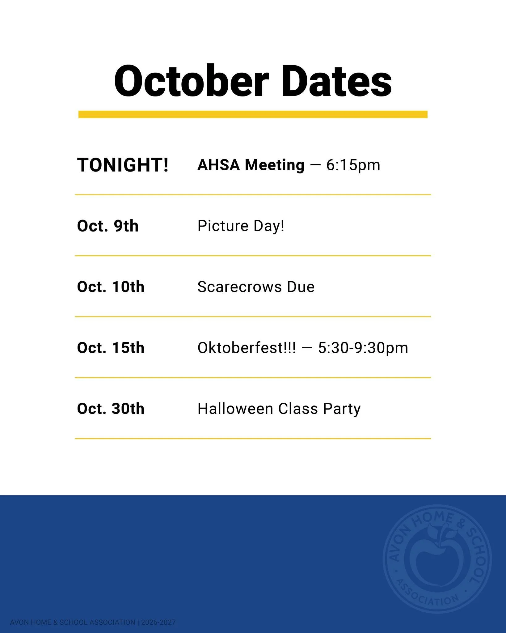 Mark your calendars! 🗓️ Here's what's happening at AHSA this month &mdash; 🐯 Reminder: our AHSA October meeting is tonight at 6:15pm. See you later!!