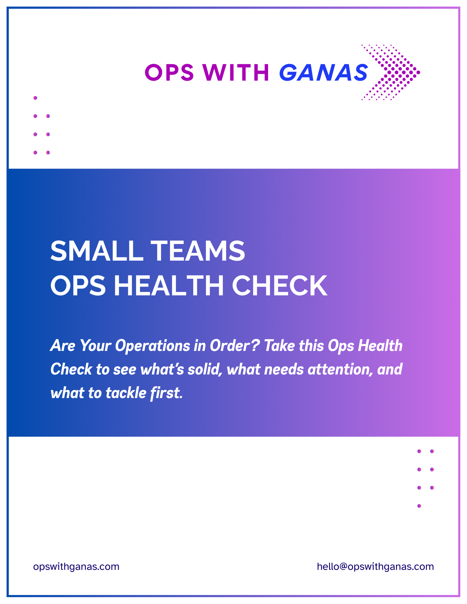 A colorful business flyer for 'OPS with Ganas' featuring small teams, OPS health check, with a purple, blue, and white gradient background, dotted accents, and contact information at the bottom.