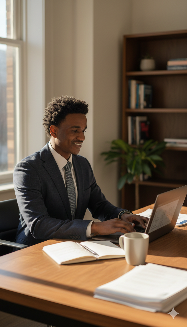 Business professional working on laptop at desk in office