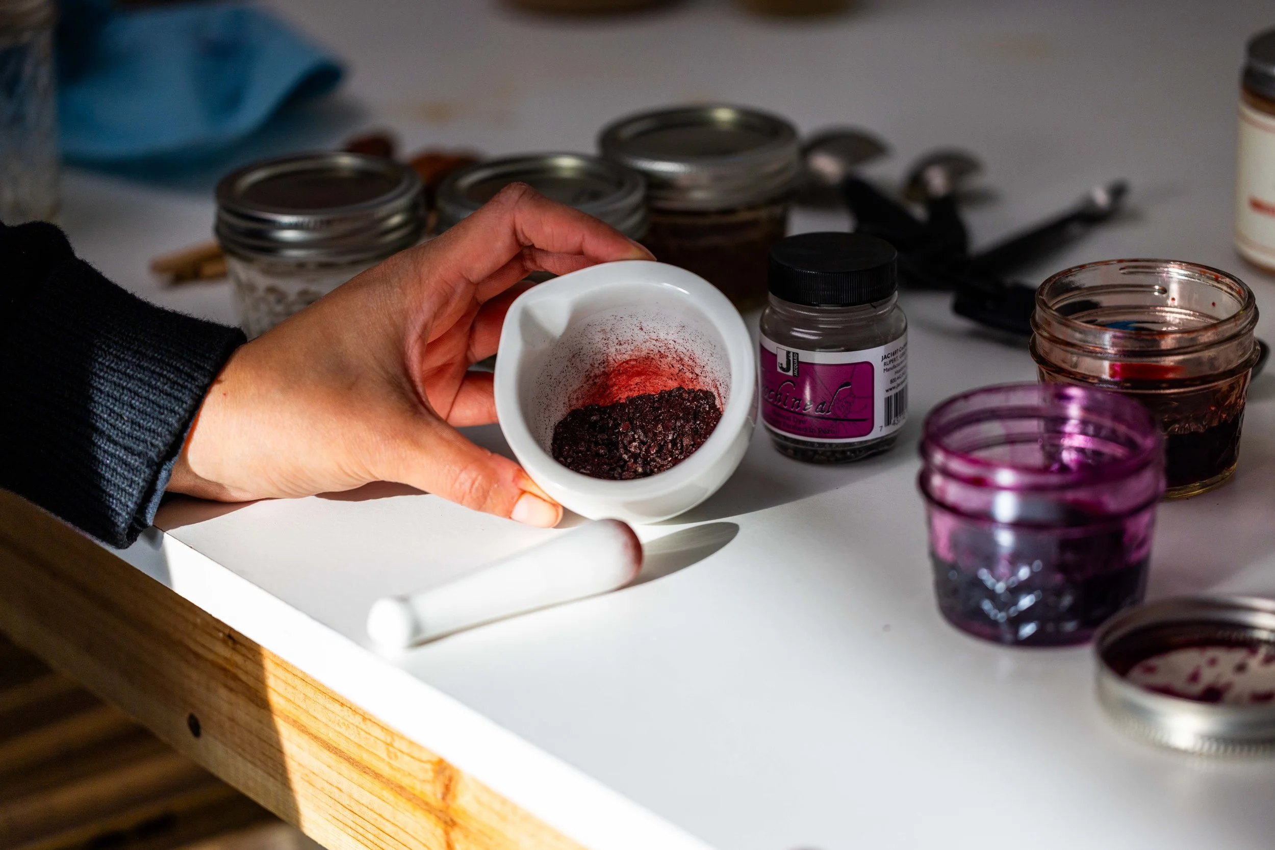 A person holds a small white bowl containing cochineal, with several jars of natural pigments on a table.