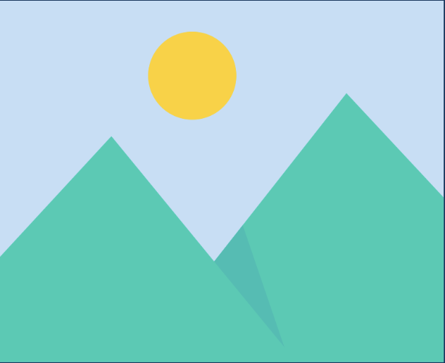 Simplified illustration of two blue mountains with a yellow sun in the sky.