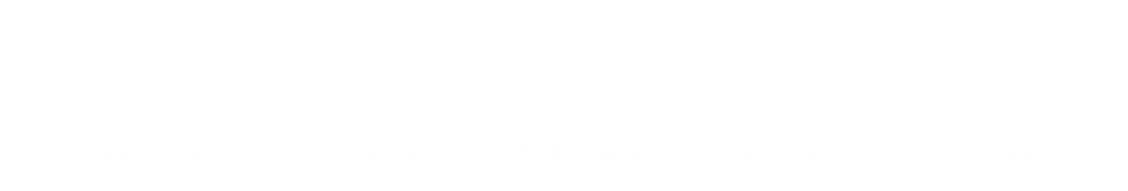 A gold-colored banner with white text listing benefits such as interview prep, mentorship, job placement, on-site training, and stipends.