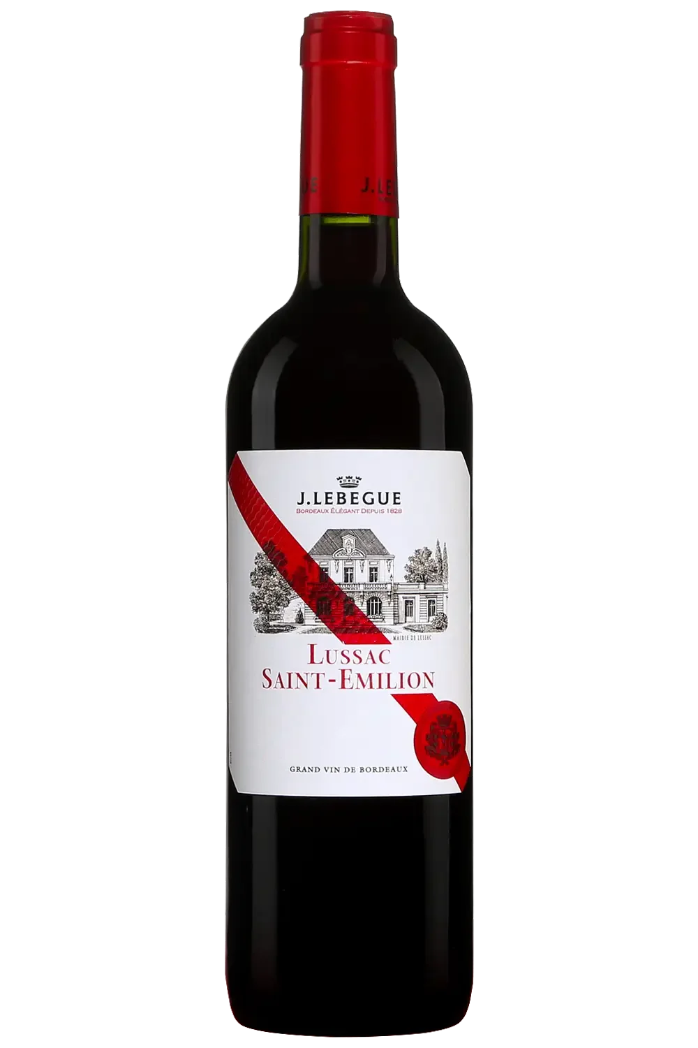 Une bouteille de vin rouge Lussac Saint-Emilion de J. Lebegue, avec étiquette blanche, illustration d'une maison, et bande rouge diagonale.
