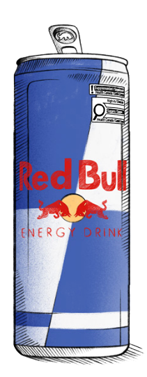 Canette de Red Bull, boisson énergisante, avec la marque rouge et le logo de taureau, vue de côté.