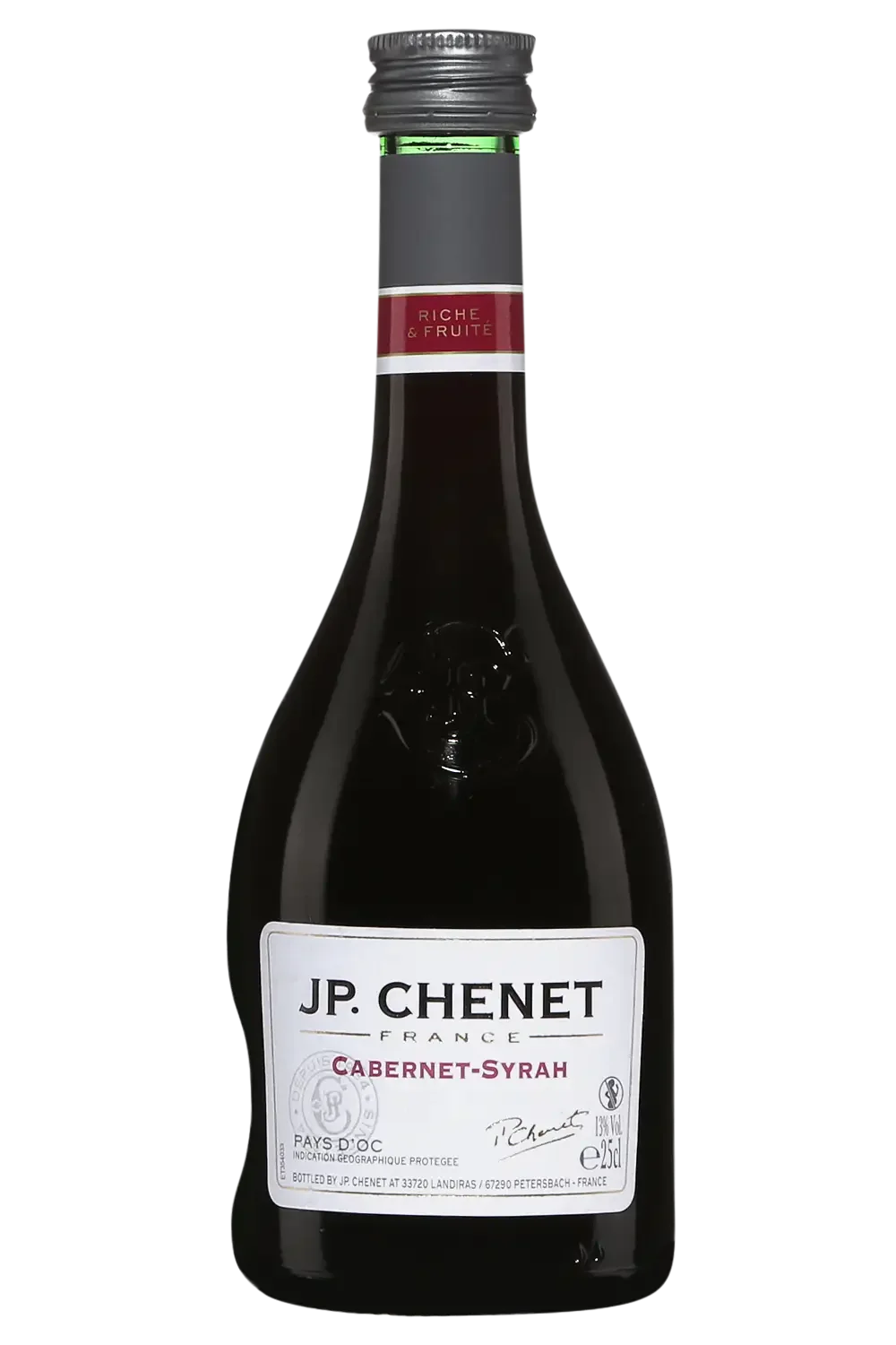 Bouteille de vin rouge JP. Chenet Cabernet-Syrah, France, 13.5% vol, 250 ml, bouchon noir, étiquette blanche avec texte noir et rouge.
