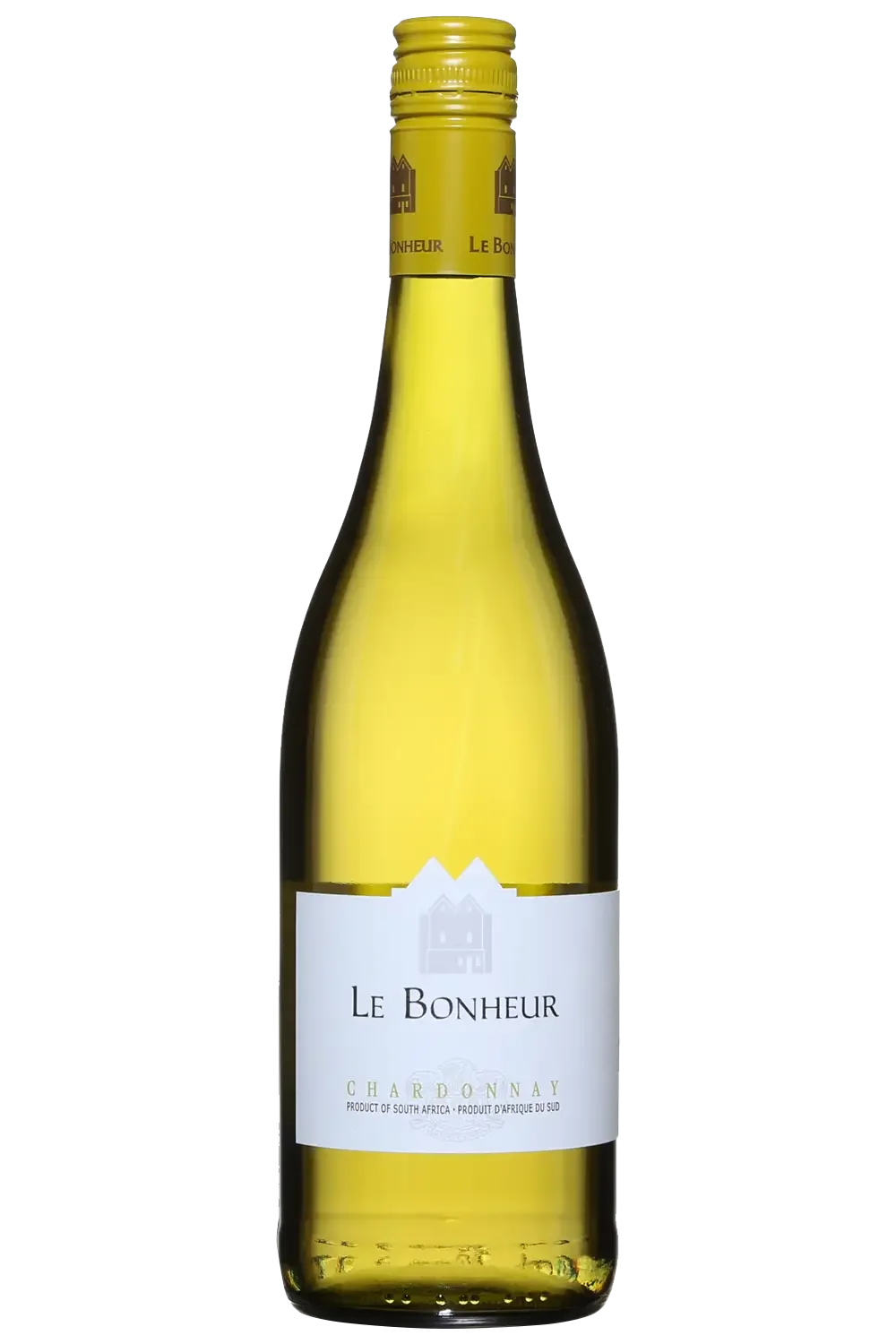 Bouteille de vin blanc Chardonnay nommée 'Le Bonheur' avec une étiquette blanche et or, produit en Afrique du Sud.