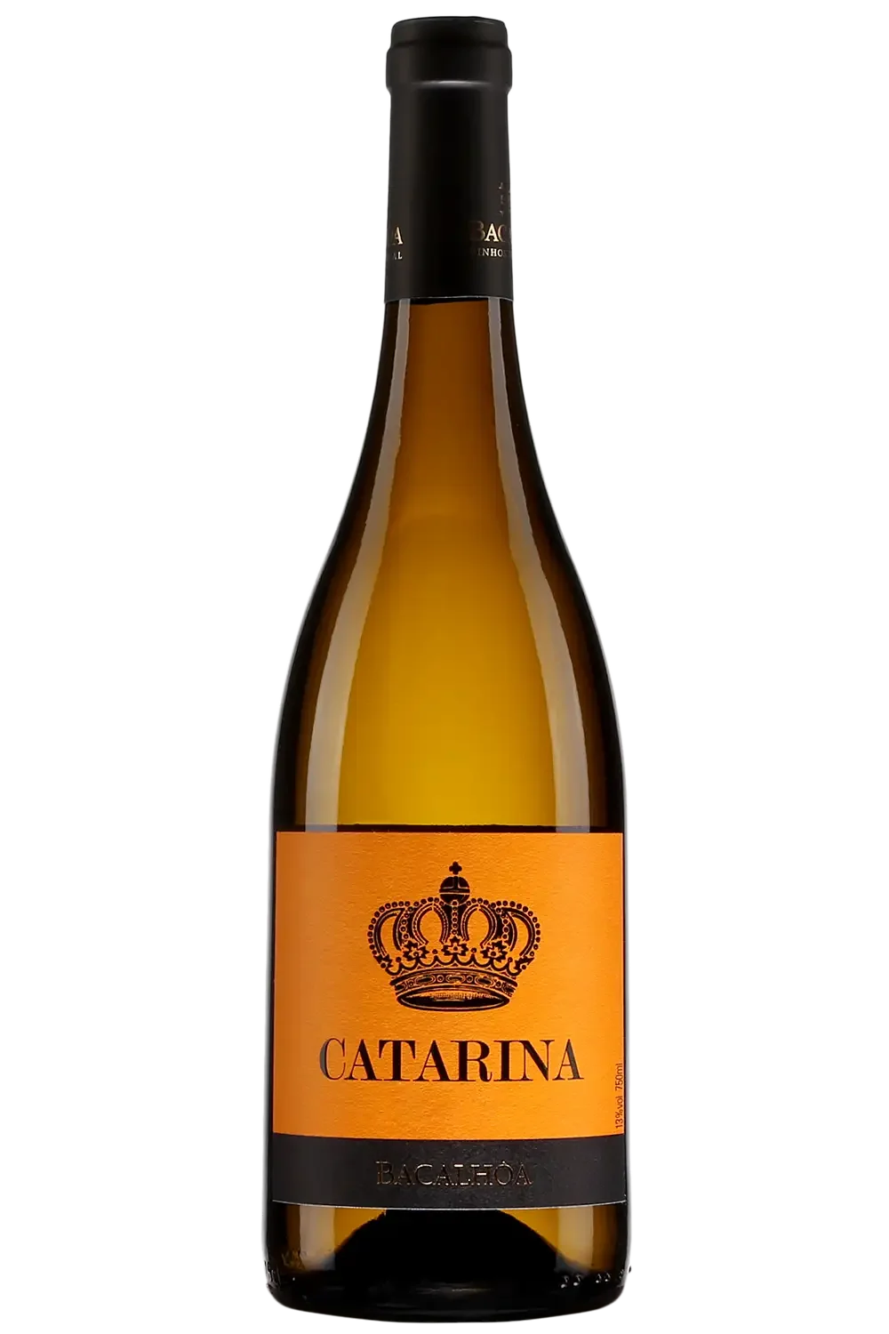 Bouteille de vin blanc Bacalhôa Catarina avec étiquette orange et ornement de couronne