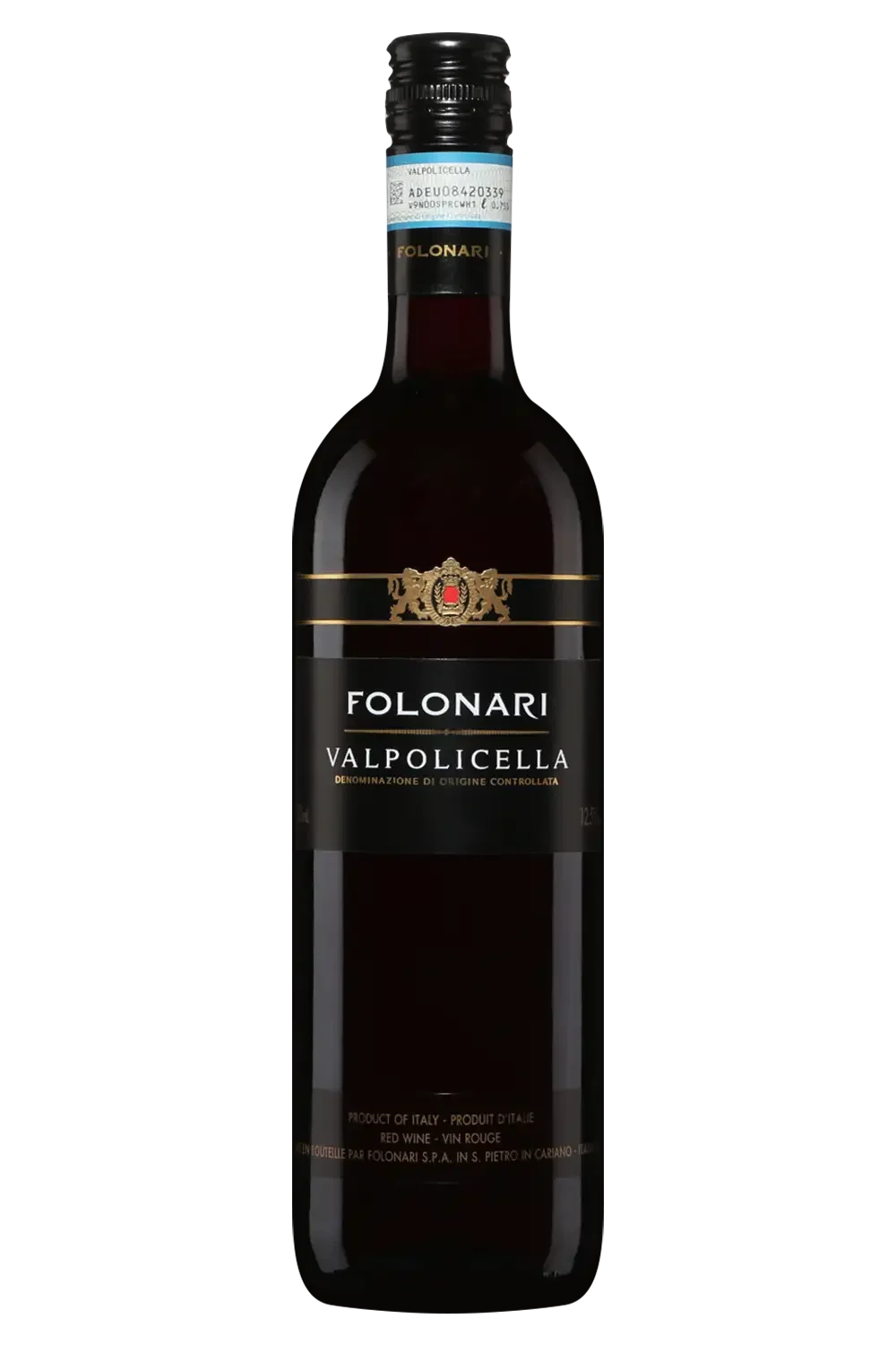 Bouteille de vin rouge Folonari Valpolicella avec étiquette noire et or, mentionnant l'origine italienne, le nom et le type de vin.