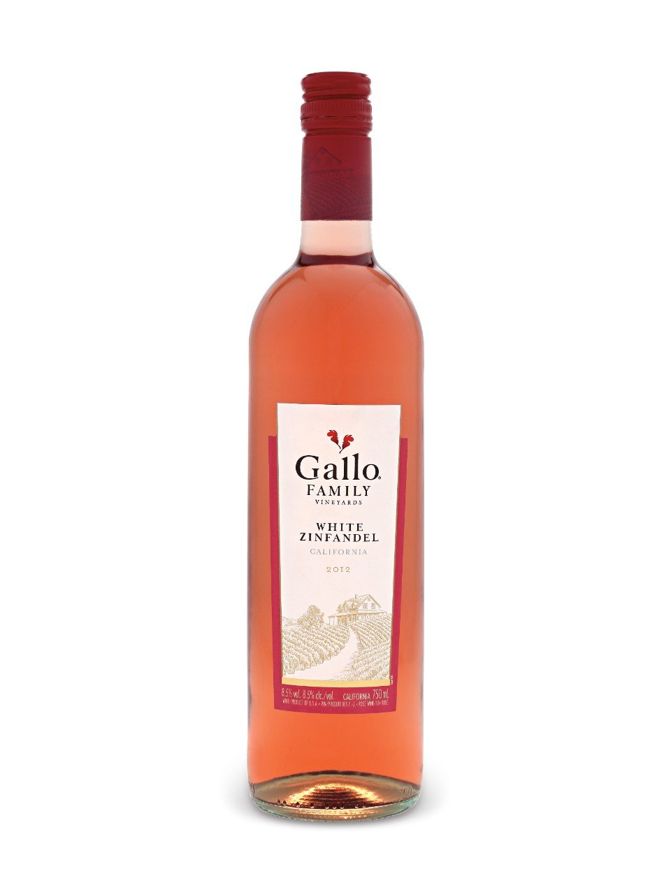 Bouteille de vin rosé de la marque Gallo, variété Zinfandel blanc, année 2012, de Californie, avec une étiquette blanc et des accents rouges, affichant un vignoble en dessin au bas.