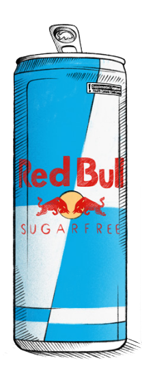 Canette de Red Bull sans sucre vue de face avec ouverture en haut.