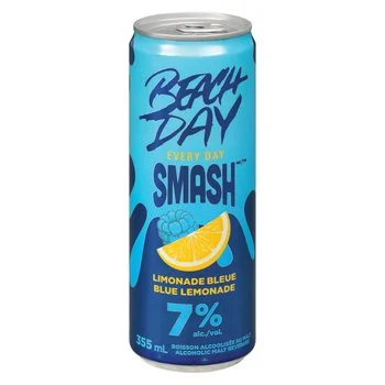 Canette de limonade bleue portant l'inscription "Back Day Smash" et une illustration de tranche de citron.