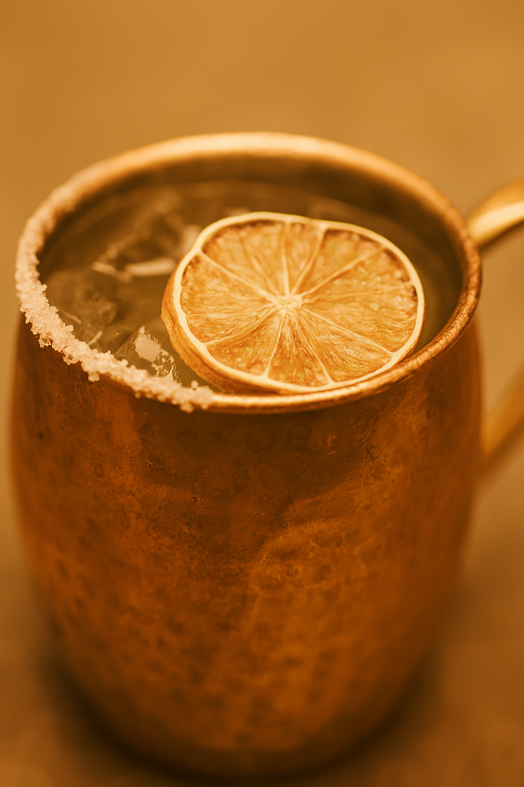 Tasse en cuivre contenant une boisson chaude avec une tranche de citron séchée flottant sur le dessus.
