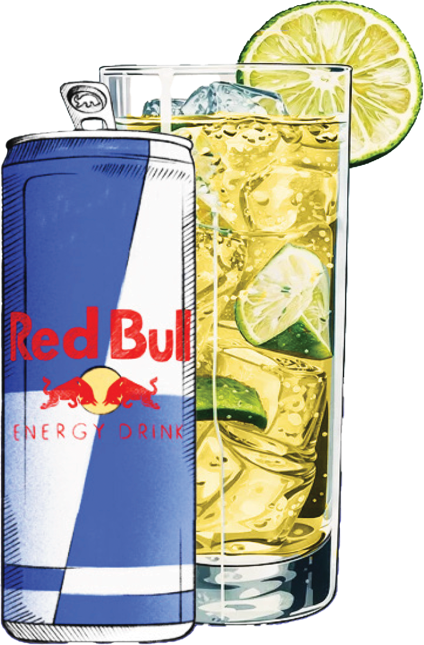 Une canette de Red Bull à côté d'un verre de soda avec des glaçons, de la lime et du citron.