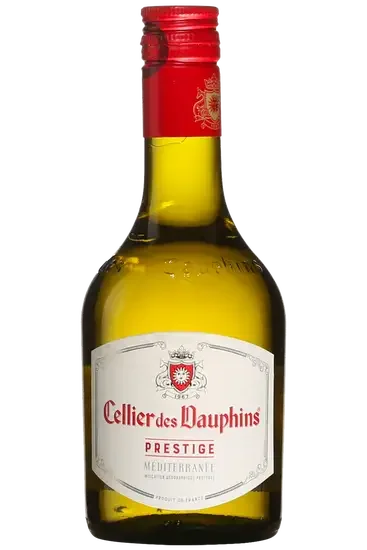 Une bouteille de vin blanc avec étiquette "Cellier des Dauphins"