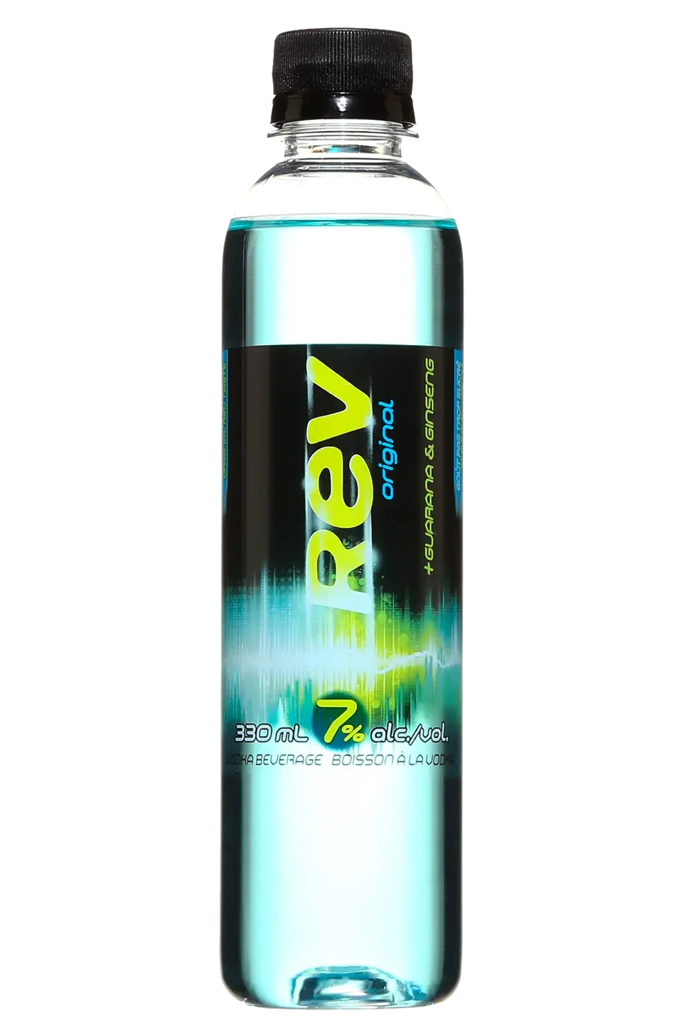 Bouteille de boisson énergisante appelée 'Reev original' avec une capacité de 330 mL, contenant 7% d'alcool, aromatisée au ginseng et à la guarana, avec un bouchon noir.