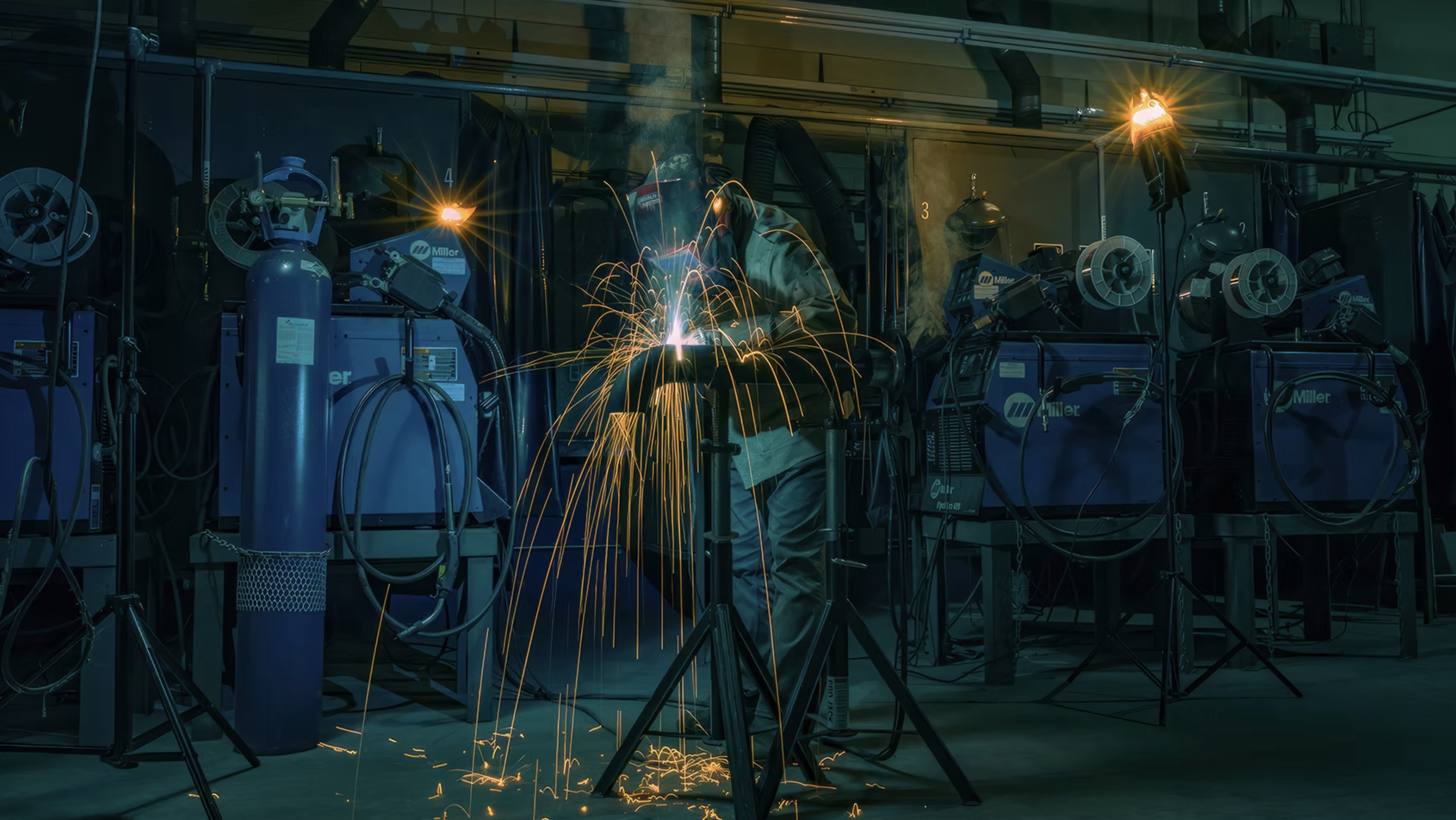 A person welding in a factory surrounded by industrial equipment and sparks flying.