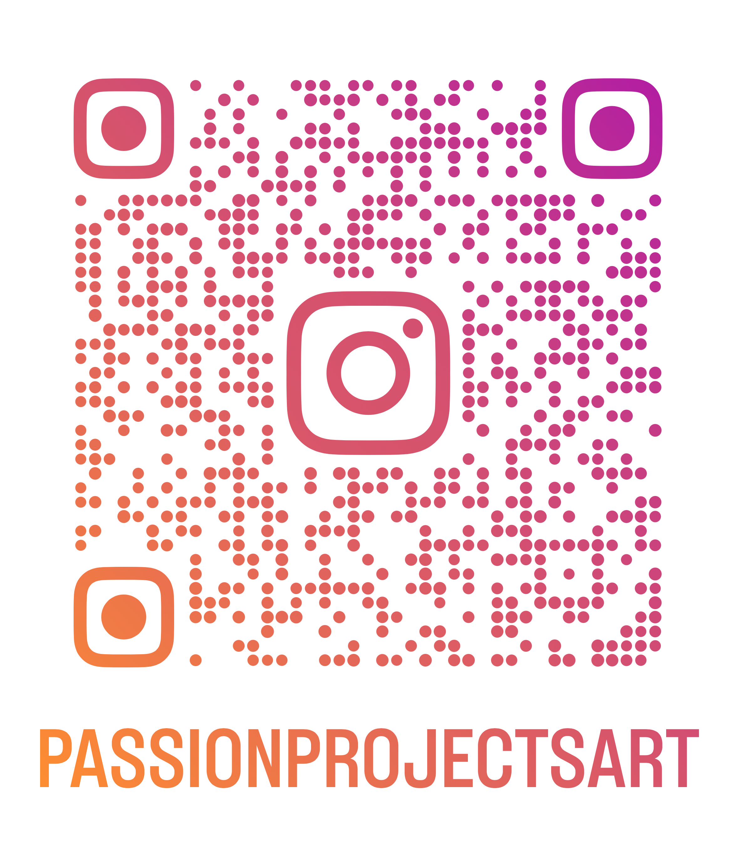 A colorful QR code with a gradient of orange, pink, and purple tones, featuring centered icons resembling a camera or a social media app, and with text beneath reading "PASSIONPRO.JECTSABT" in bold, orange and pink letters.