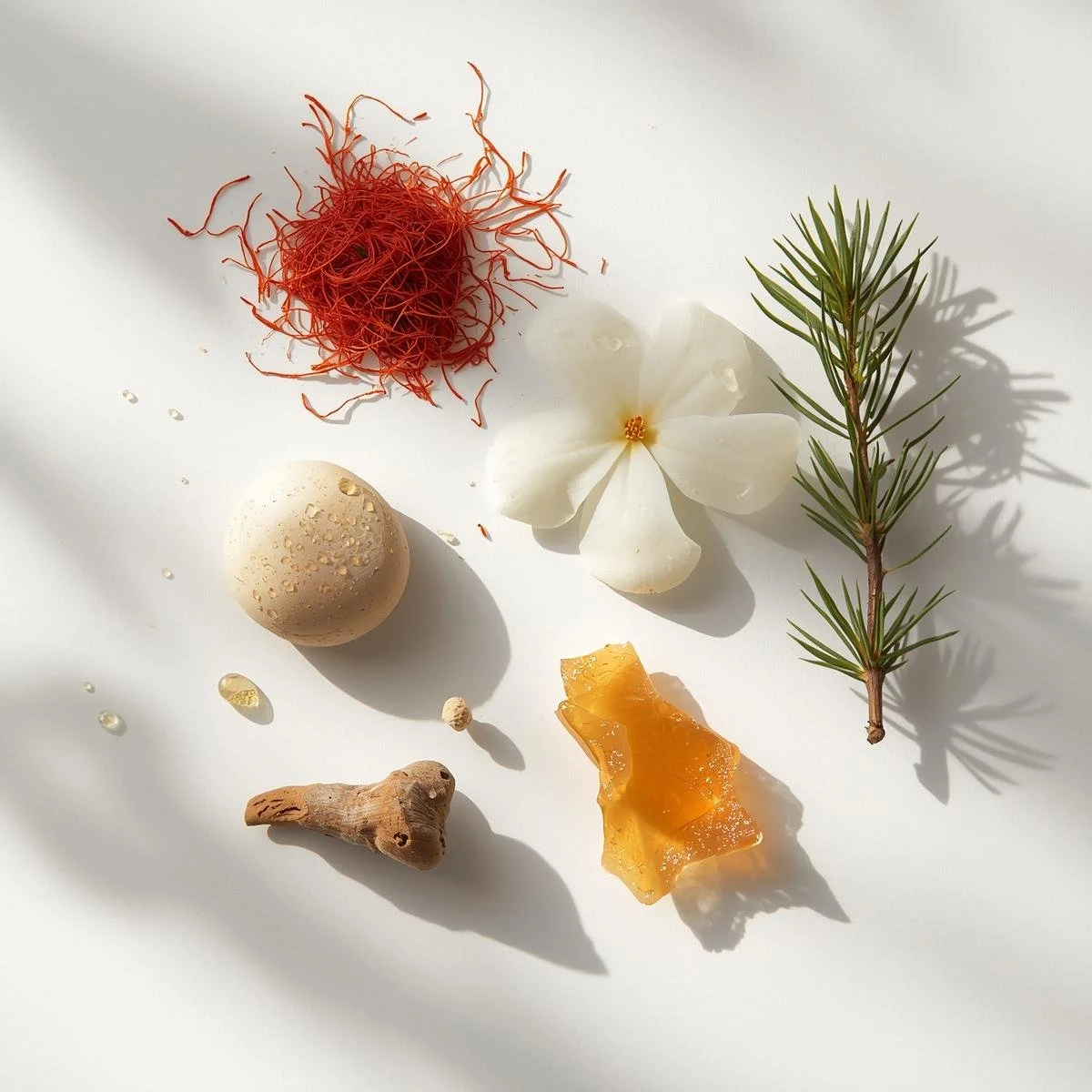 Saffron threads, a single jasmine flower, a piece of amberwood, ambergris, fir resin, and a cedarwood branch on a clean white background..jpg