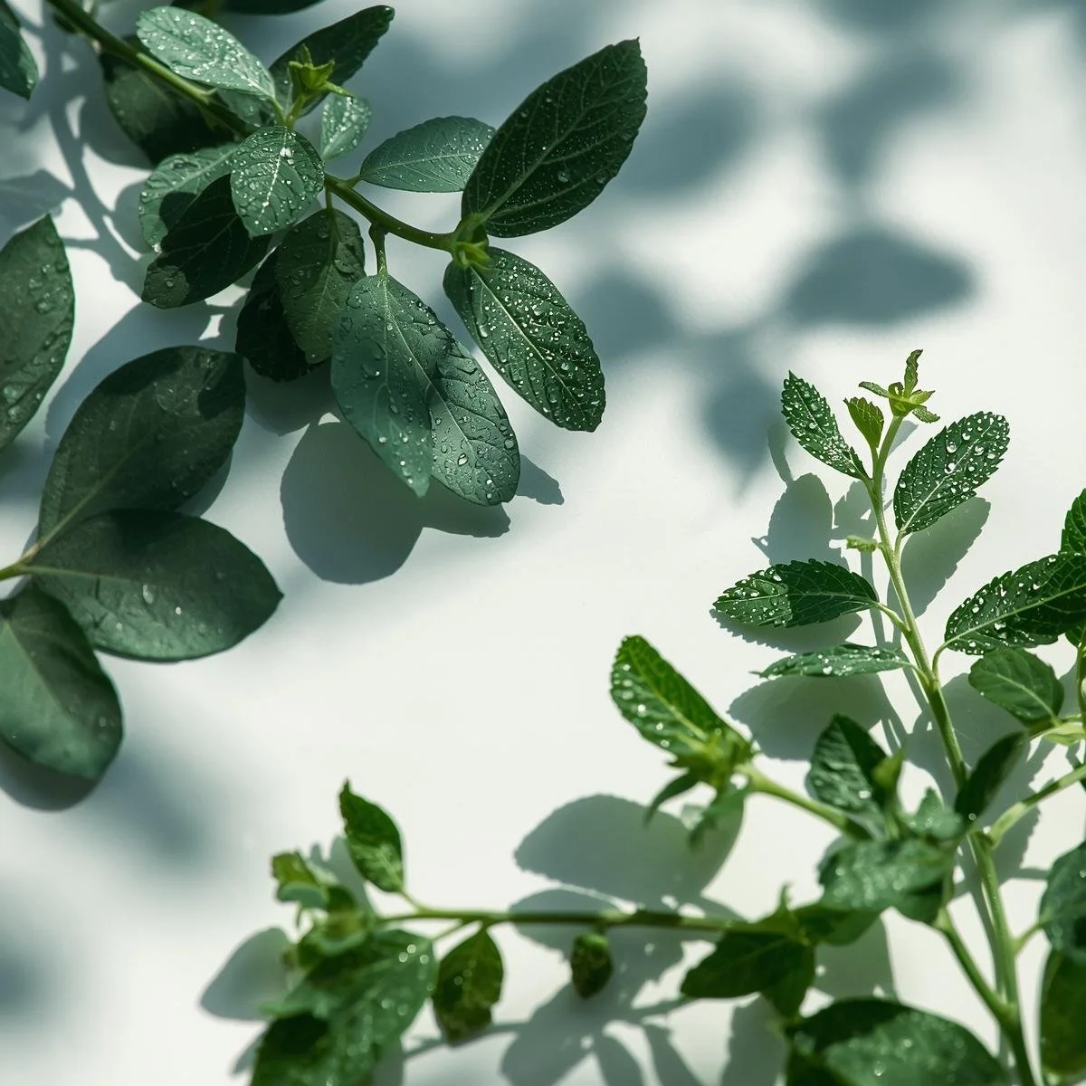 Fresh eucalyptus leaves and vibrant spearmint sprigs on a clean white background..jpg