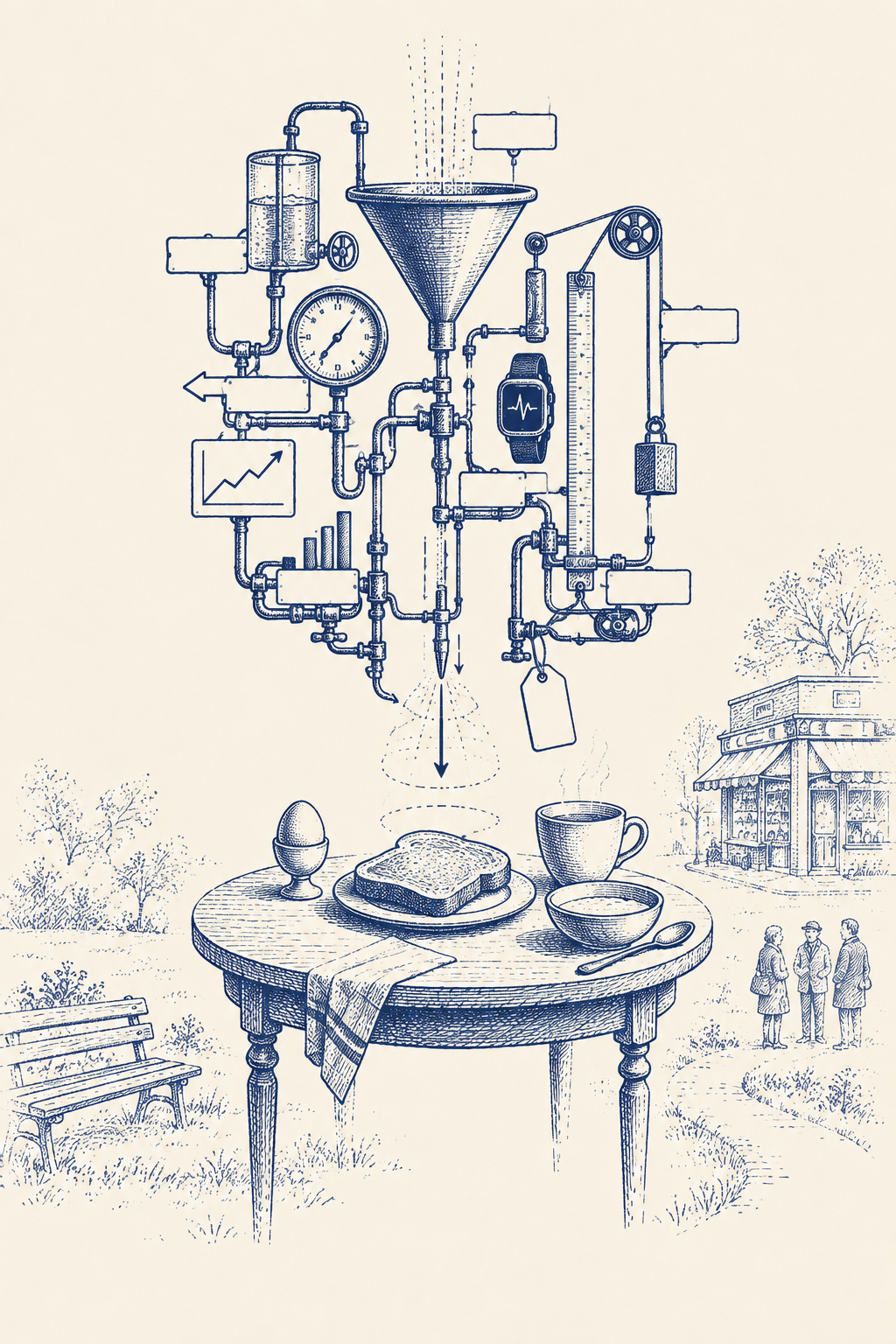 Navy ink illustration of toast, a boiled egg and tea on a breakfast table beneath an elaborate measuring apparatus.