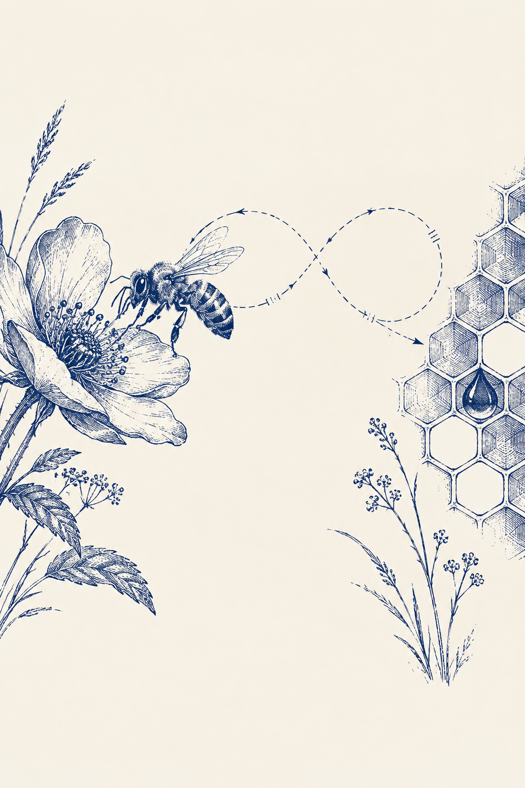 Navy ink illustration of a honeybee beside a flower, with a figure-eight flight path leading toward honeycomb.